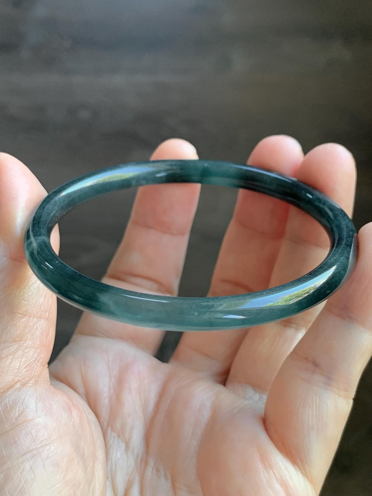 Certified Natural Grade A Guatemalan Icy Translucent Dark Dusty Teal Blue Jade Jadeite Slim Bangle 57.18mm 7.07” 17.19g 天然冰胶危蓝绿翡翠细圆条手镯991