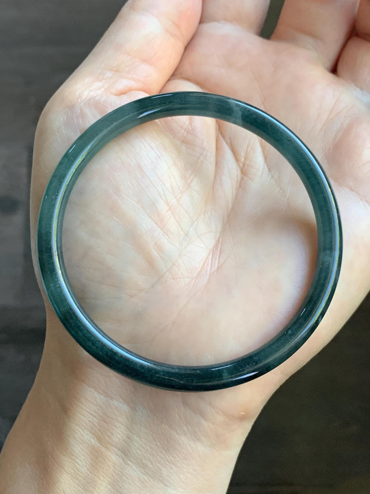 Certified Natural Grade A Guatemalan Icy Translucent Dark Dusty Teal Blue Jade Jadeite Slim Bangle 57.18mm 7.07” 17.19g 天然冰胶危蓝绿翡翠细圆条手镯991