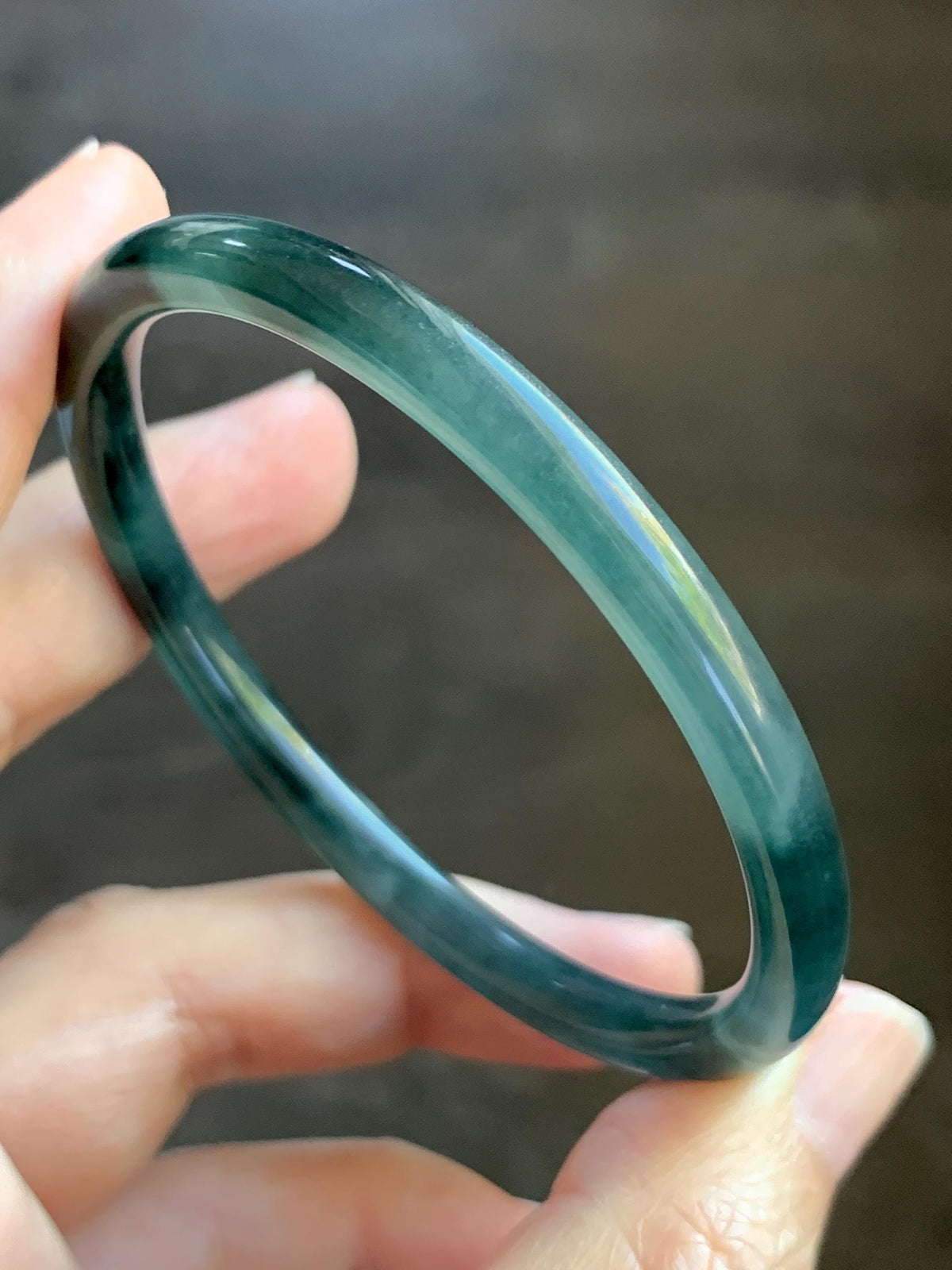 Certified Natural Grade A Guatemalan Icy Translucent Dark Dusty Teal Blue Jade Jadeite Slim Bangle 57.18mm 7.07” 17.19g 天然冰胶危蓝绿翡翠细圆条手镯991