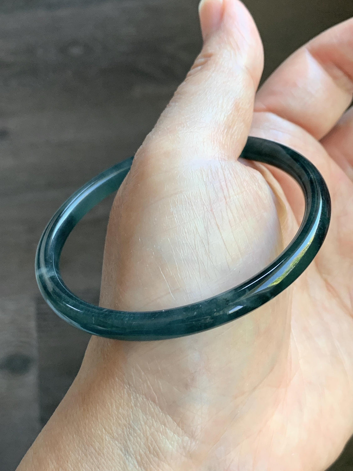Certified Natural Grade A Guatemalan Icy Translucent Dark Dusty Teal Blue Jade Jadeite Slim Bangle 57.18mm 7.07” 17.19g 天然冰胶危蓝绿翡翠细圆条手镯991