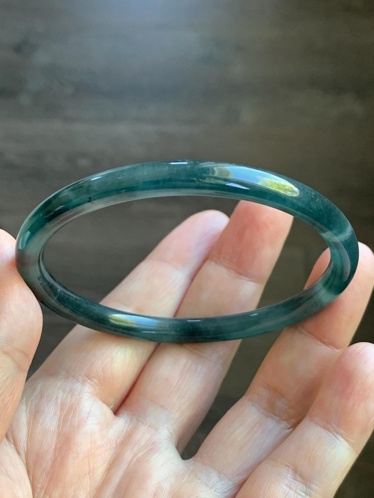 Certified Natural Grade A Guatemalan Icy Translucent Dark Dusty Teal Blue Jade Jadeite Slim Bangle 57.18mm 7.07” 17.19g 天然冰胶危蓝绿翡翠细圆条手镯991