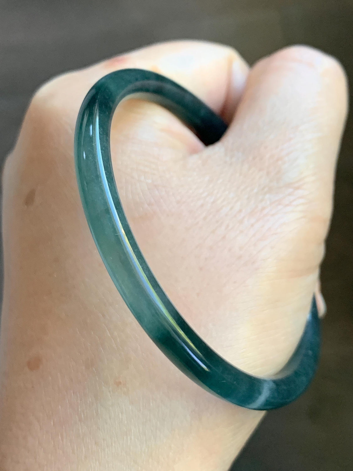 Certified Natural Grade A Guatemalan Icy Translucent Dark Dusty Teal Blue Jade Jadeite Slim Bangle 57.18mm 7.07” 17.19g 天然冰胶危蓝绿翡翠细圆条手镯991