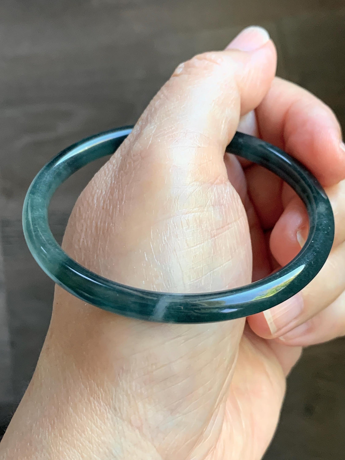 Certified Natural Grade A Guatemalan Icy Translucent Dark Dusty Teal Blue Jade Jadeite Slim Bangle 57.18mm 7.07” 17.19g 天然冰胶危蓝绿翡翠细圆条手镯991