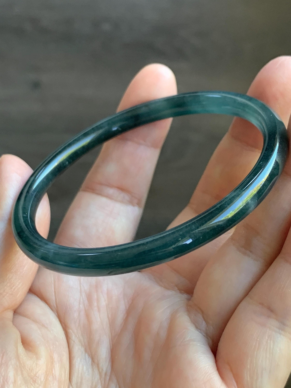 Certified Natural Grade A Guatemalan Icy Translucent Dark Dusty Teal Blue Jade Jadeite Slim Bangle 57.18mm 7.07” 17.19g 天然冰胶危蓝绿翡翠细圆条手镯991