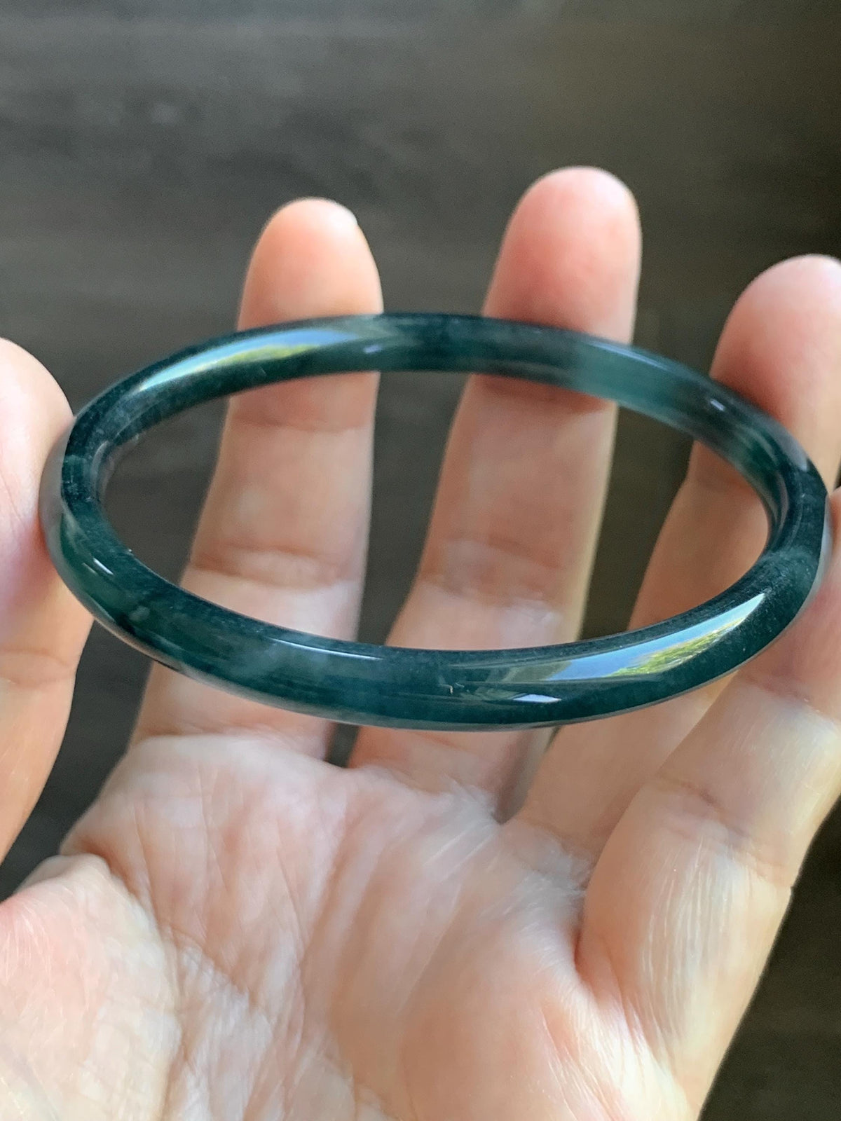 Certified Natural Grade A Guatemalan Icy Translucent Dark Dusty Teal Blue Jade Jadeite Slim Bangle 57.18mm 7.07” 17.19g 天然冰胶危蓝绿翡翠细圆条手镯991