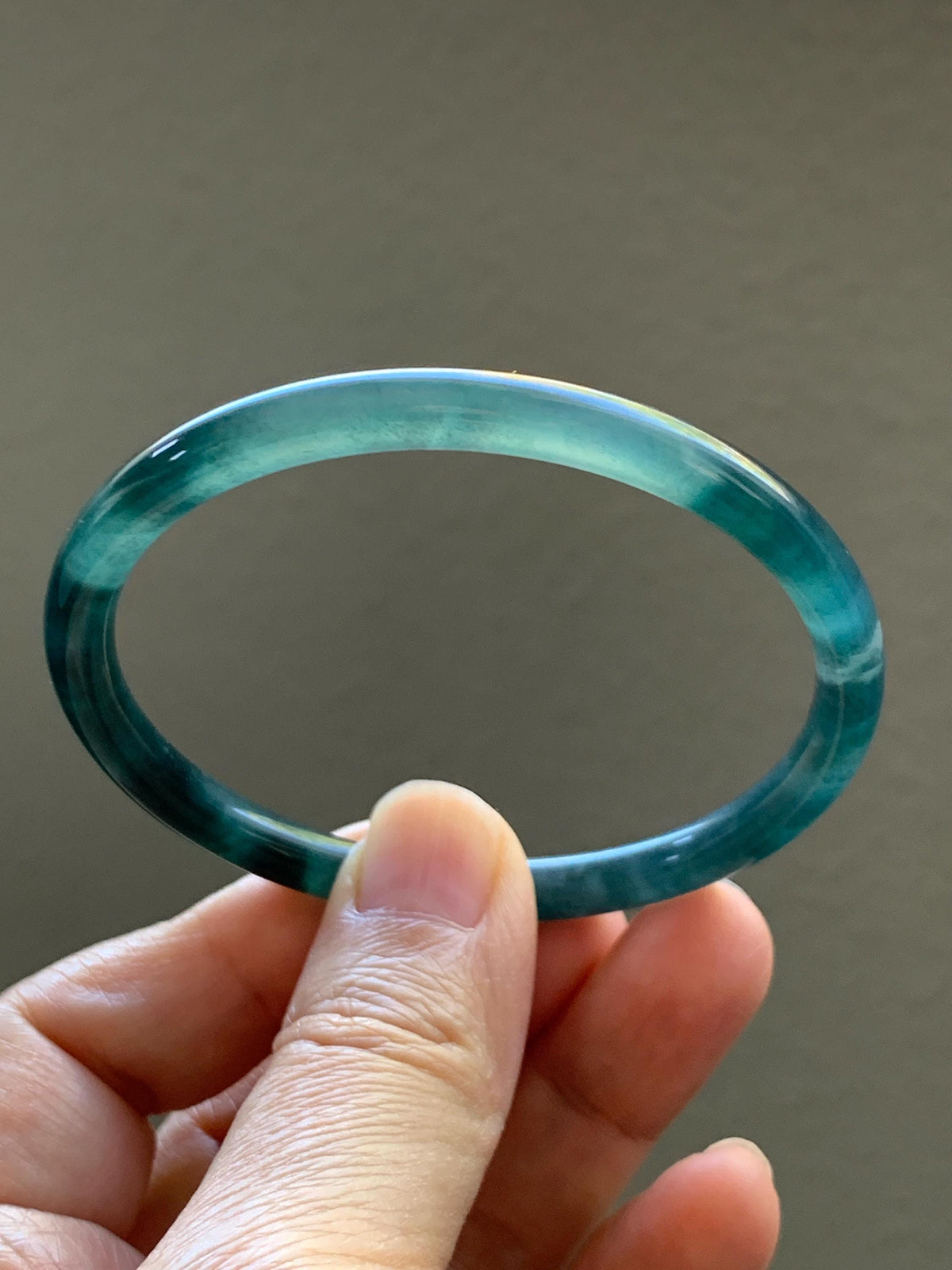 Certified Natural Grade A Guatemalan Icy Translucent Dark Dusty Teal Blue Jade Jadeite Slim Bangle 57.18mm 7.07” 17.19g 天然冰胶危蓝绿翡翠细圆条手镯991
