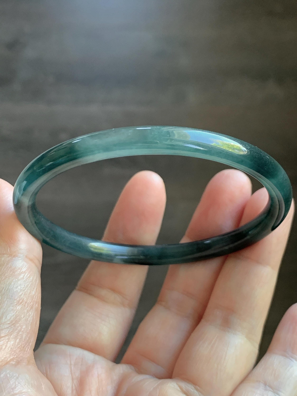 Certified Natural Grade A Guatemalan Icy Translucent Dark Dusty Teal Blue Jade Jadeite Slim Bangle 57.18mm 7.07” 17.19g 天然冰胶危蓝绿翡翠细圆条手镯991