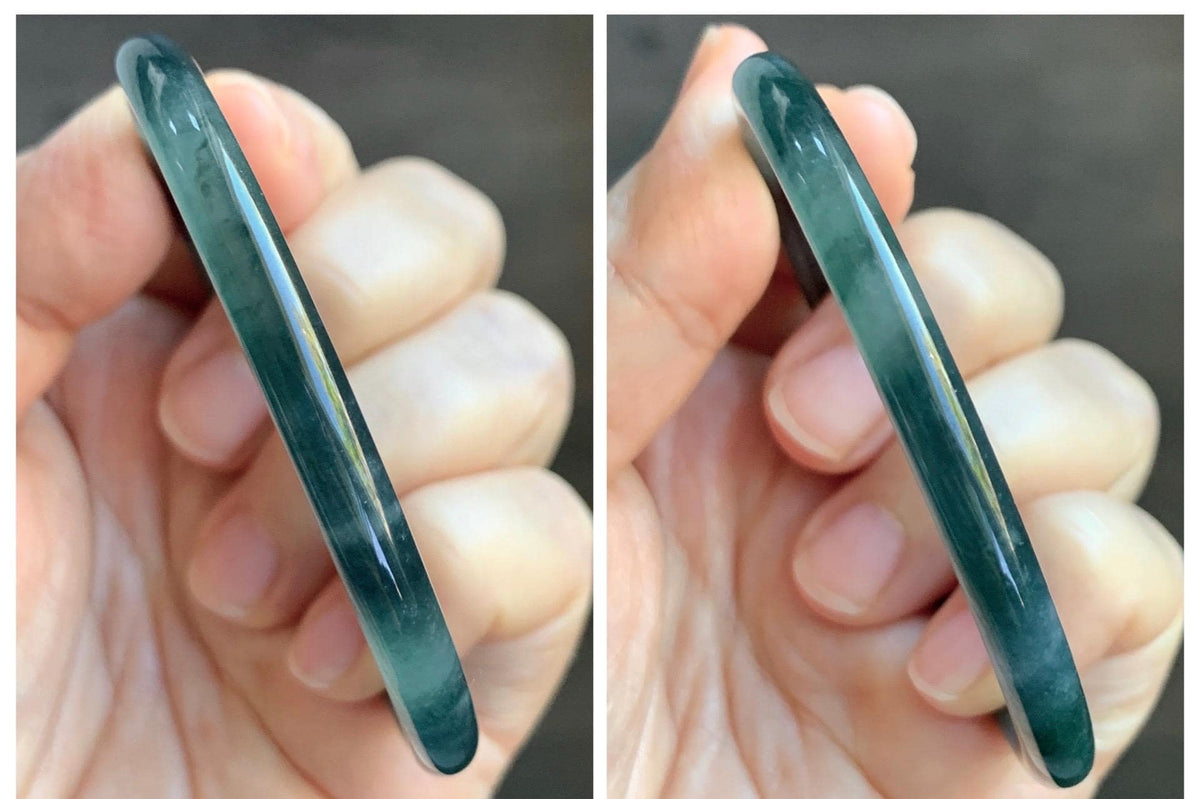 Certified Natural Grade A Guatemalan Icy Translucent Dark Dusty Teal Green Jade Jadeite Slim Bangle 56.27mm 6.95” 16.23g 天然冰胶危蓝绿翡翠细圆条手镯993