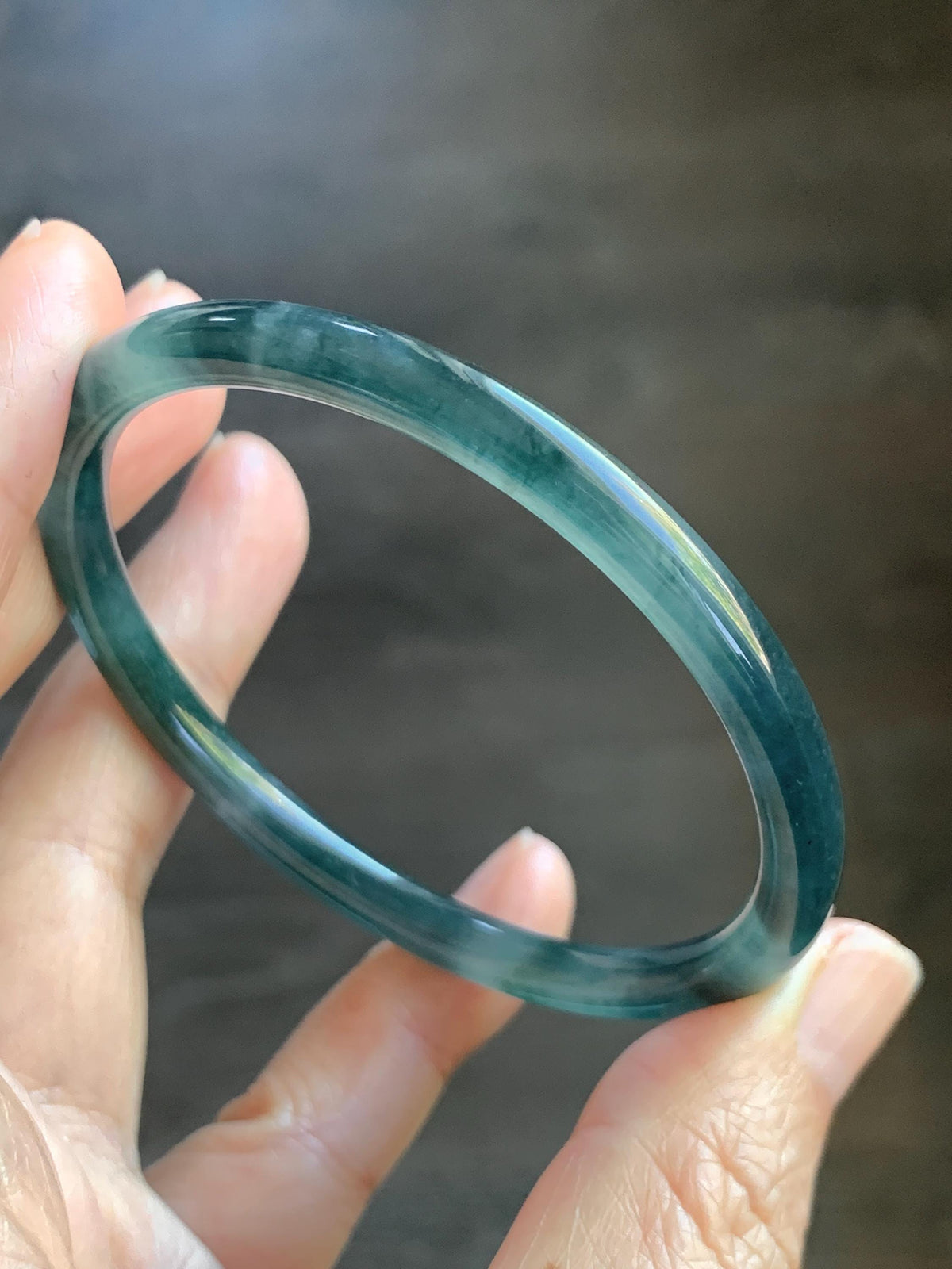 Certified Natural Grade A Guatemalan Icy Translucent Dark Dusty Teal Green Jade Jadeite Slim Bangle 56.27mm 6.95” 16.23g 天然冰胶危蓝绿翡翠细圆条手镯993