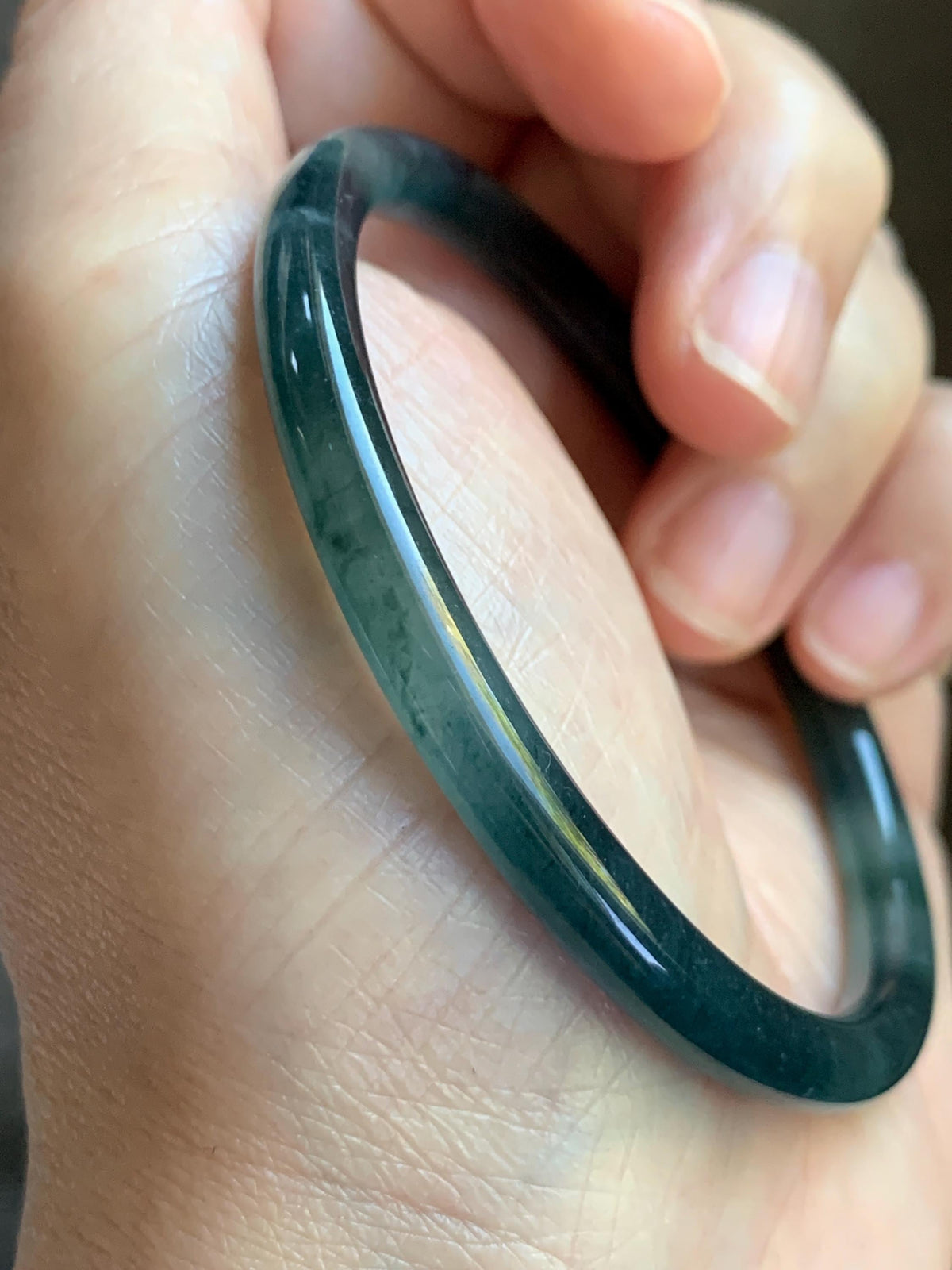 Certified Natural Grade A Guatemalan Icy Translucent Dark Dusty Teal Green Jade Jadeite Slim Bangle 56.27mm 6.95” 16.23g 天然冰胶危蓝绿翡翠细圆条手镯993