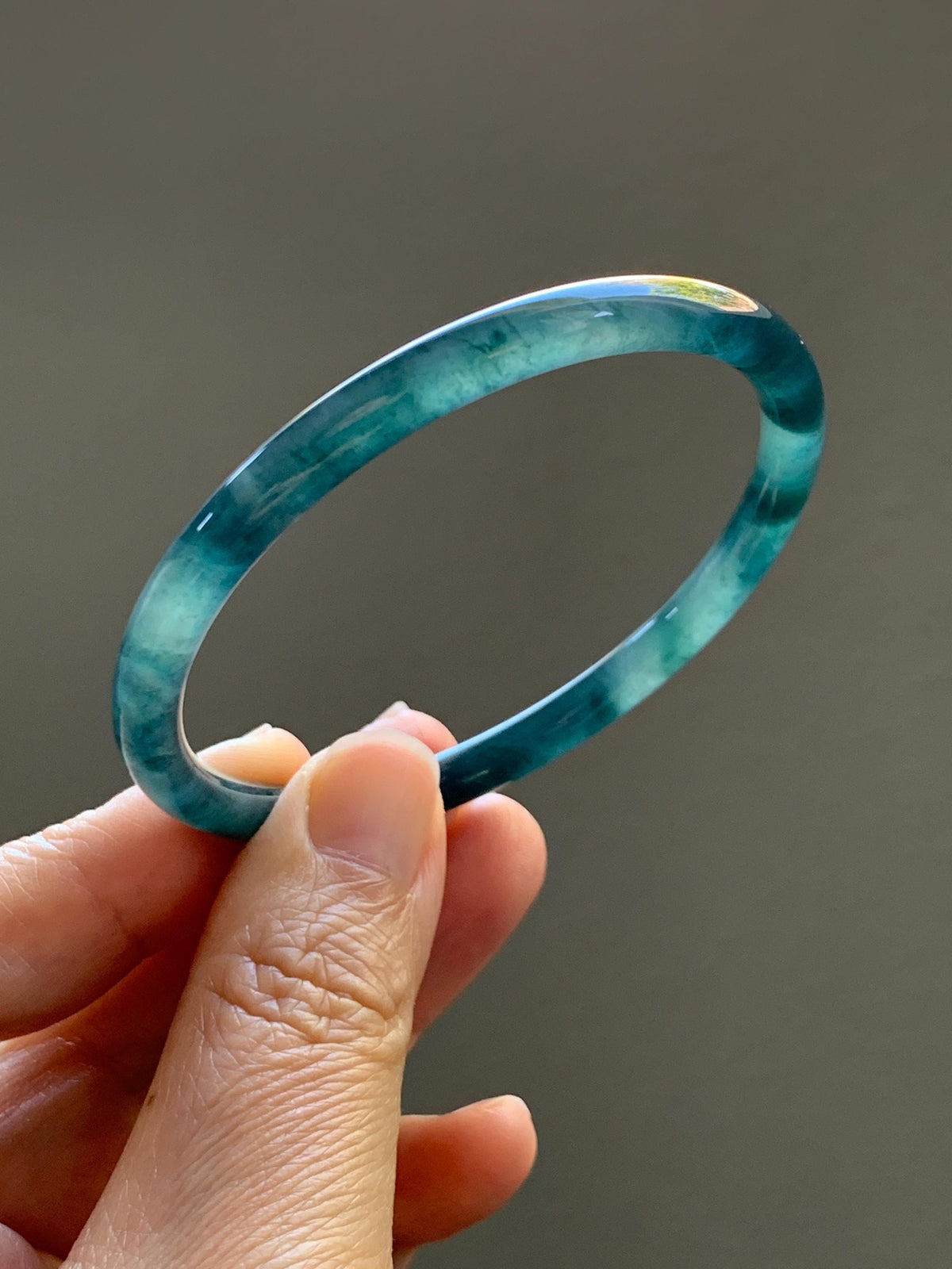 Certified Natural Grade A Guatemalan Icy Translucent Dark Dusty Teal Green Jade Jadeite Slim Bangle 56.27mm 6.95” 16.23g 天然冰胶危蓝绿翡翠细圆条手镯993