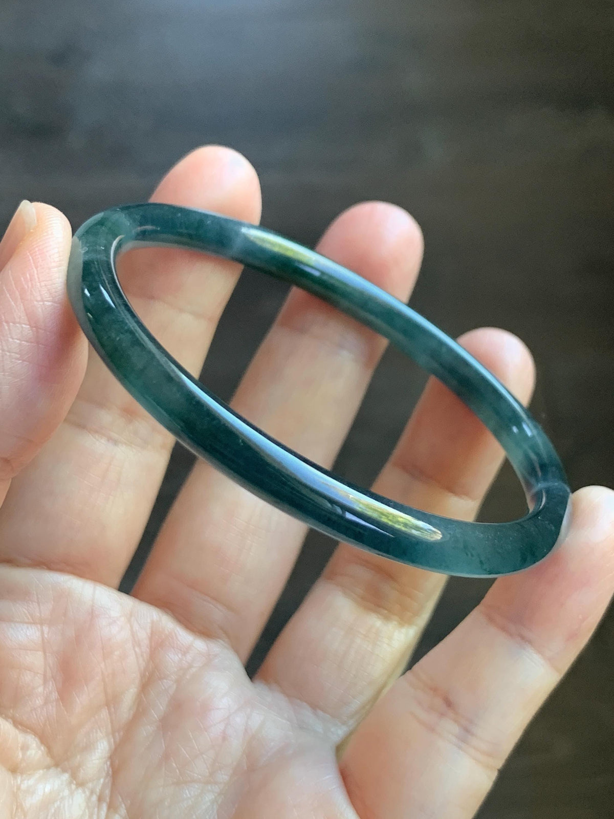 Certified Natural Grade A Guatemalan Icy Translucent Dark Dusty Teal Green Jade Jadeite Slim Bangle 56.27mm 6.95” 16.23g 天然冰胶危蓝绿翡翠细圆条手镯993