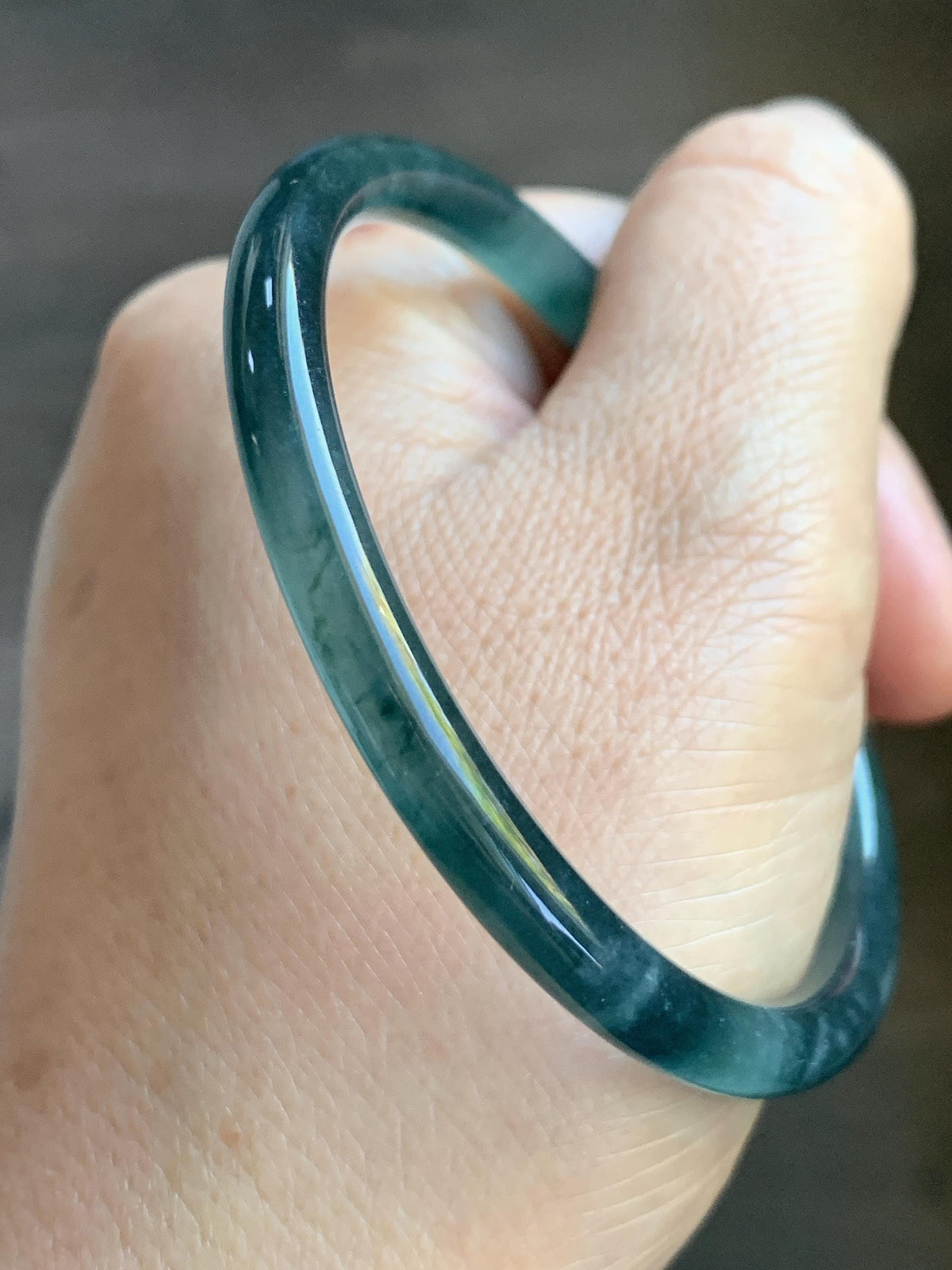 Certified Natural Grade A Guatemalan Icy Translucent Dark Dusty Teal Green Jade Jadeite Slim Bangle 56.27mm 6.95” 16.23g 天然冰胶危蓝绿翡翠细圆条手镯993