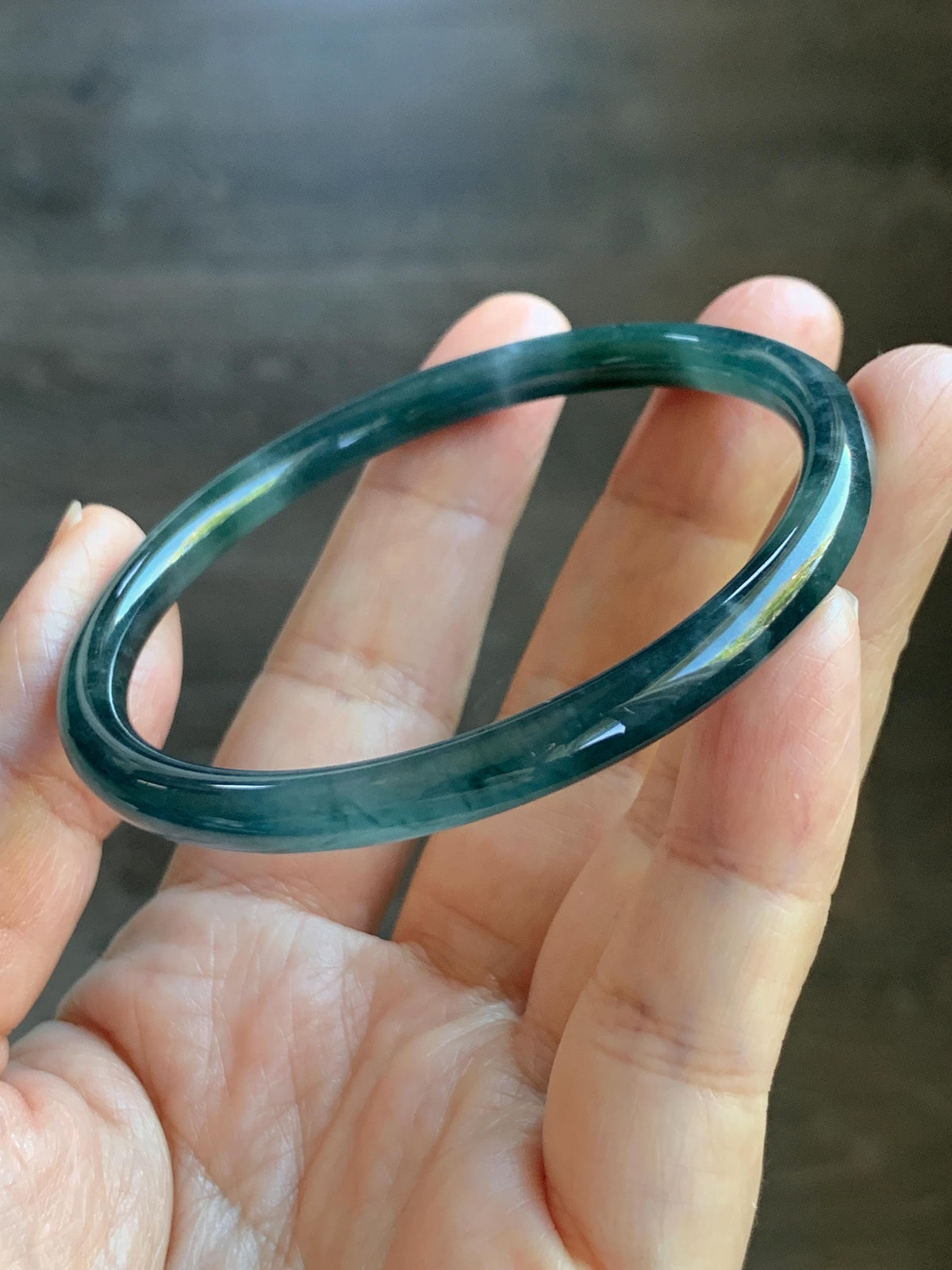 Certified Natural Grade A Guatemalan Icy Translucent Dark Dusty Teal Green Jade Jadeite Slim Bangle 56.27mm 6.95” 16.23g 天然冰胶危蓝绿翡翠细圆条手镯993