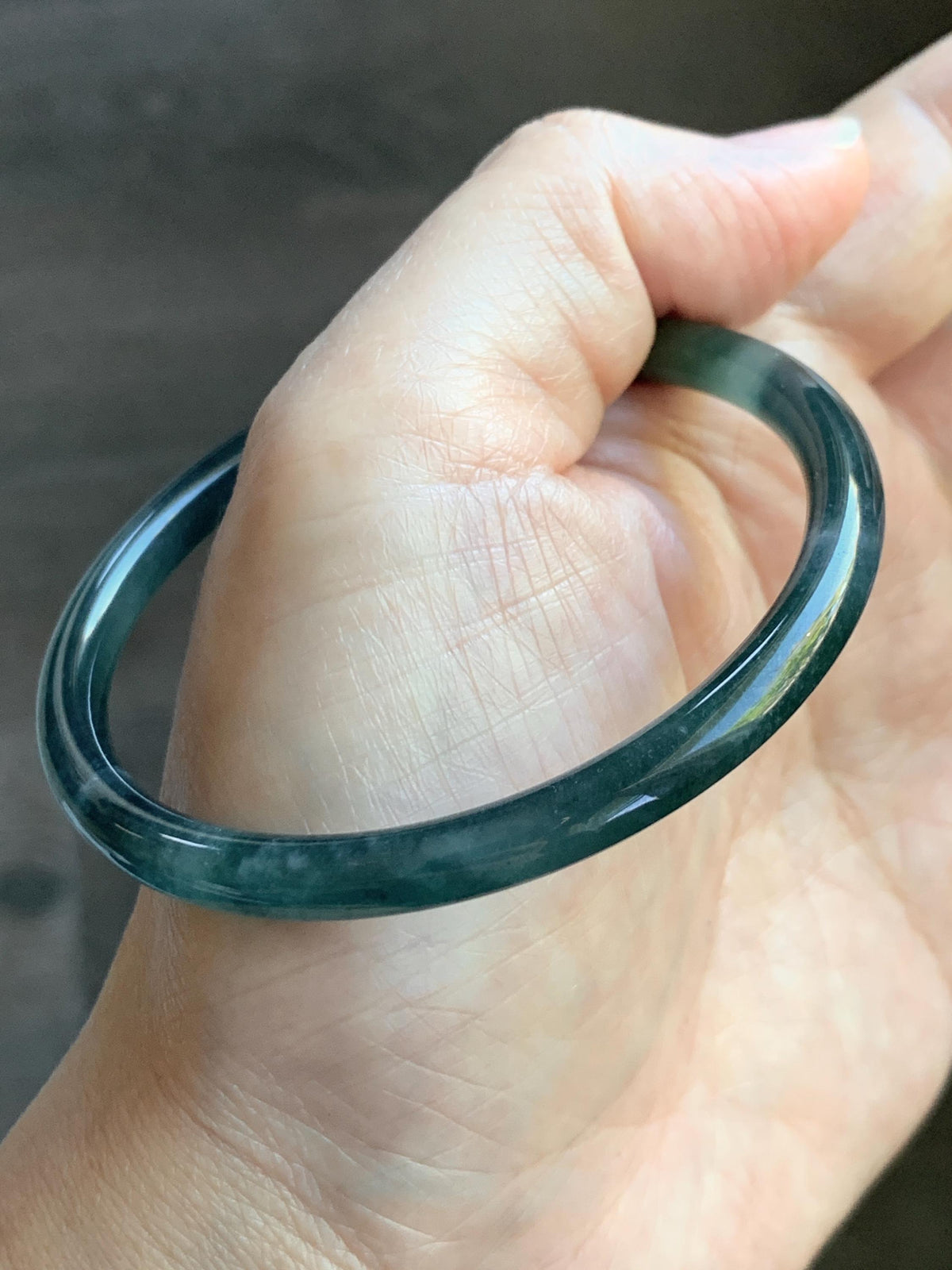 Certified Natural Grade A Guatemalan Icy Translucent Dark Dusty Teal Green Jade Jadeite Slim Bangle 56.27mm 6.95” 16.23g 天然冰胶危蓝绿翡翠细圆条手镯993