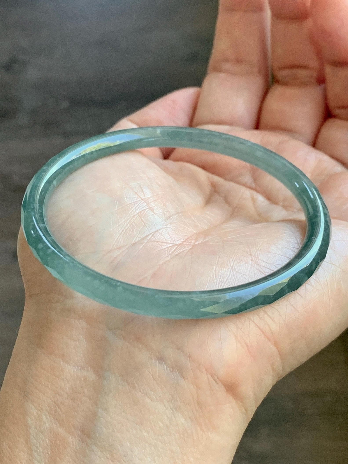 Certified Natural Grade A Guatemalan Icy Translucent Dusty Teal Jade Jadeite Diamond Faceted Slim Bangle 58mm 7.18” 16g 天然冰危蓝绿翡翠细圆条切割面手镯 923