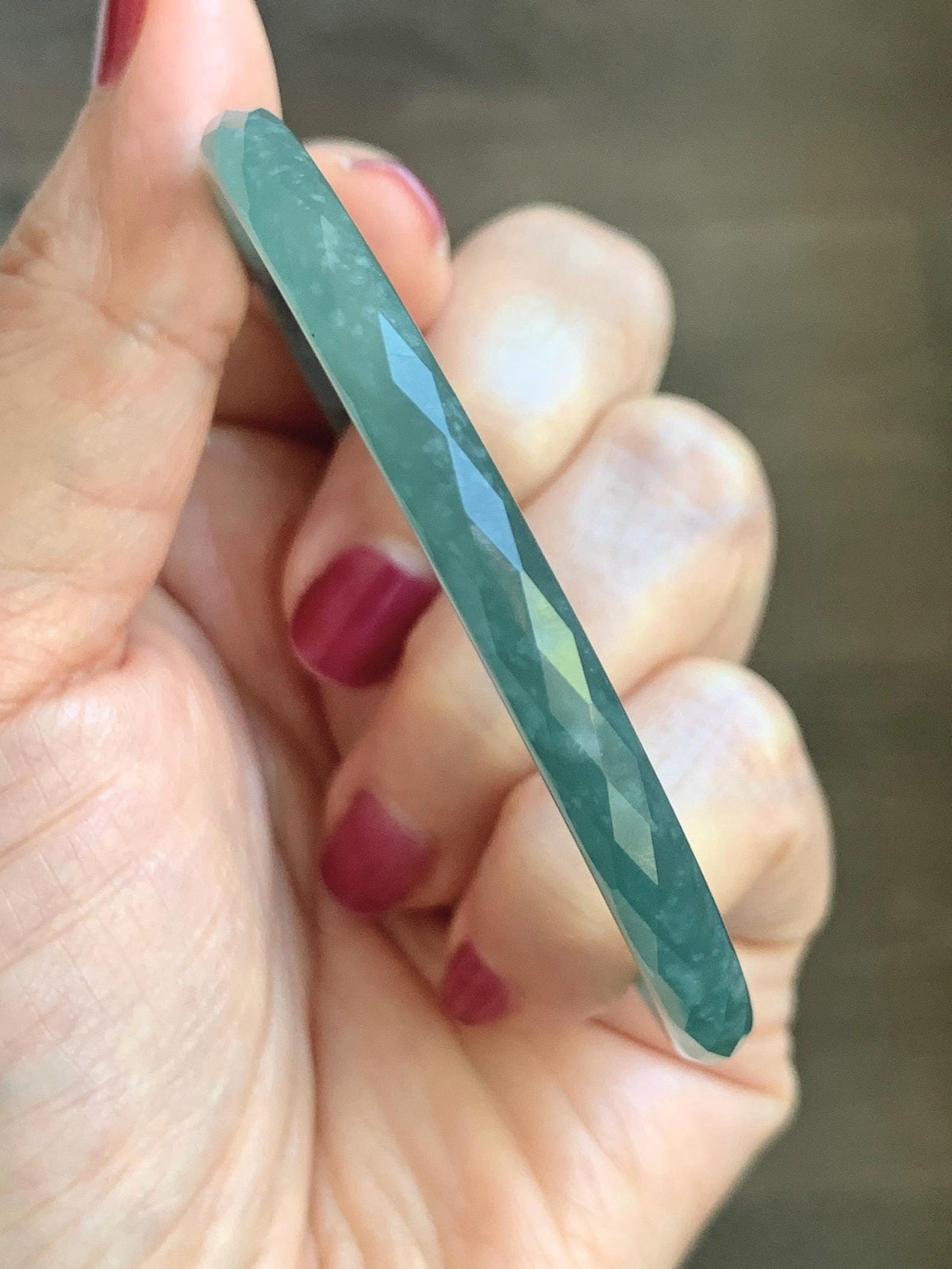 Certified Natural Grade A Guatemalan Icy Translucent Dusty Teal Jade Jadeite Diamond Faceted Slim Bangle 58mm 7.18” 16g 天然冰危蓝绿翡翠细圆条切割面手镯 923