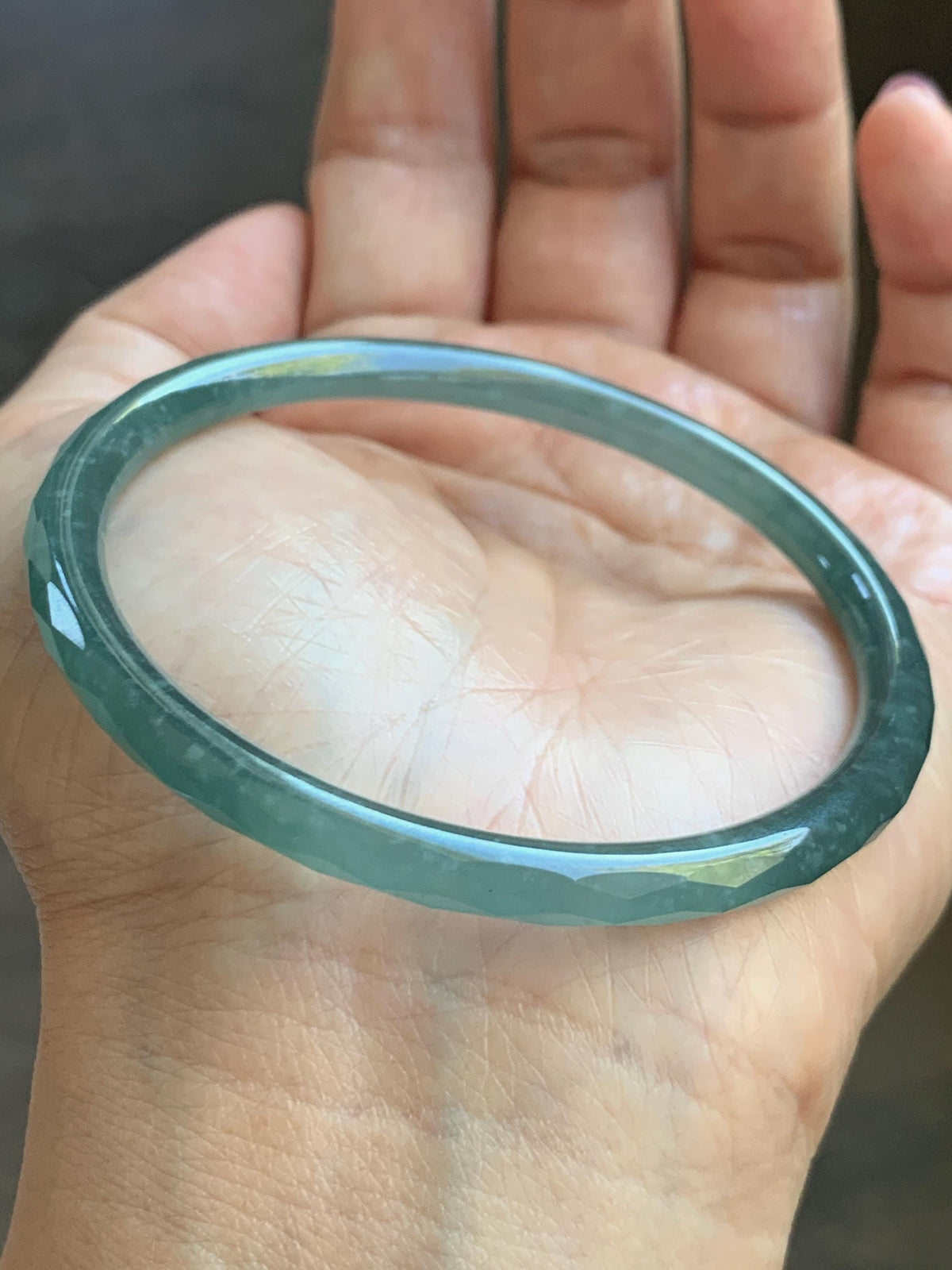 Certified Natural Grade A Guatemalan Icy Translucent Dusty Teal Jade Jadeite Diamond Faceted Slim Bangle 58mm 7.18” 16g 天然冰危蓝绿翡翠细圆条切割面手镯 923