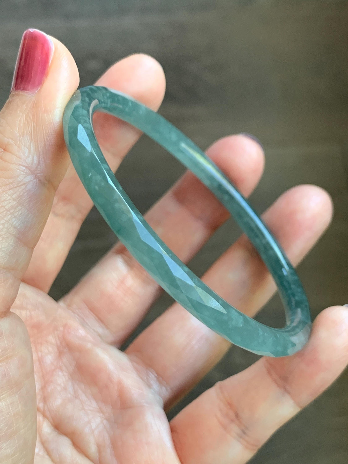 Certified Natural Grade A Guatemalan Icy Translucent Dusty Teal Jade Jadeite Diamond Faceted Slim Bangle 58mm 7.18” 16g 天然冰危蓝绿翡翠细圆条切割面手镯 923