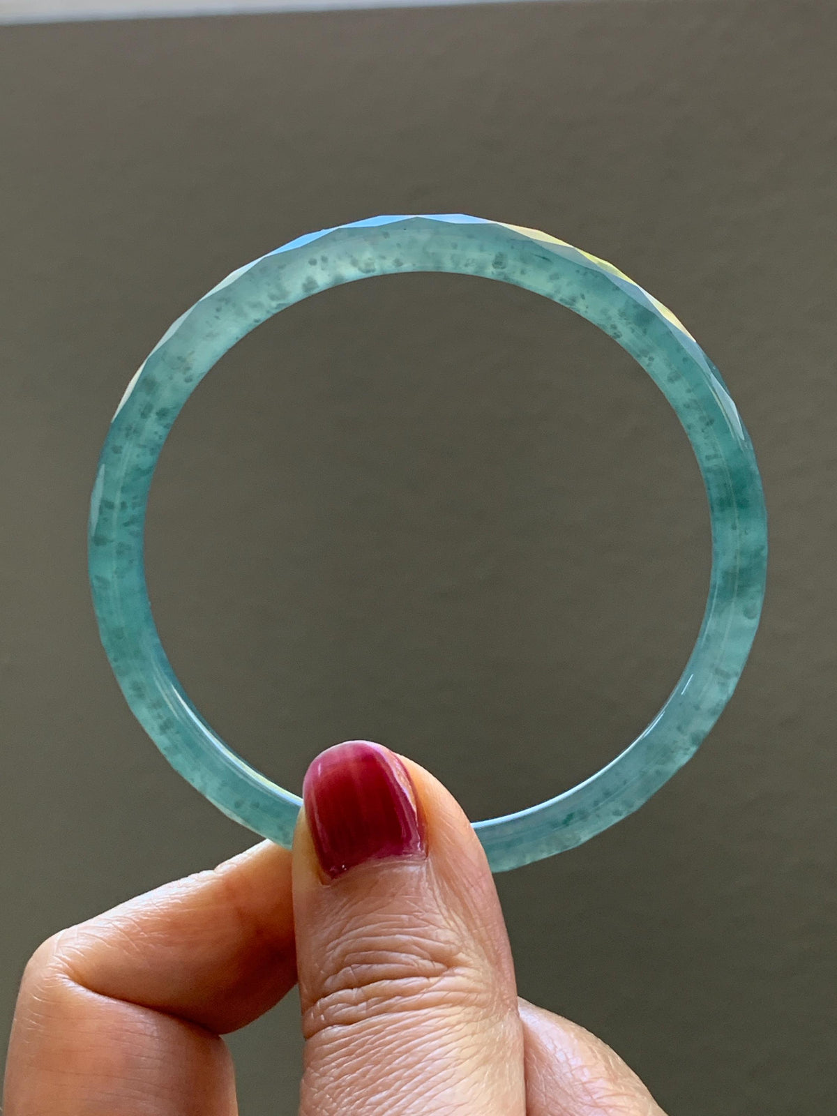 Certified Natural Grade A Guatemalan Icy Translucent Dusty Teal Jade Jadeite Diamond Faceted Slim Bangle 58mm 7.18” 16g 天然冰危蓝绿翡翠细圆条切割面手镯 923