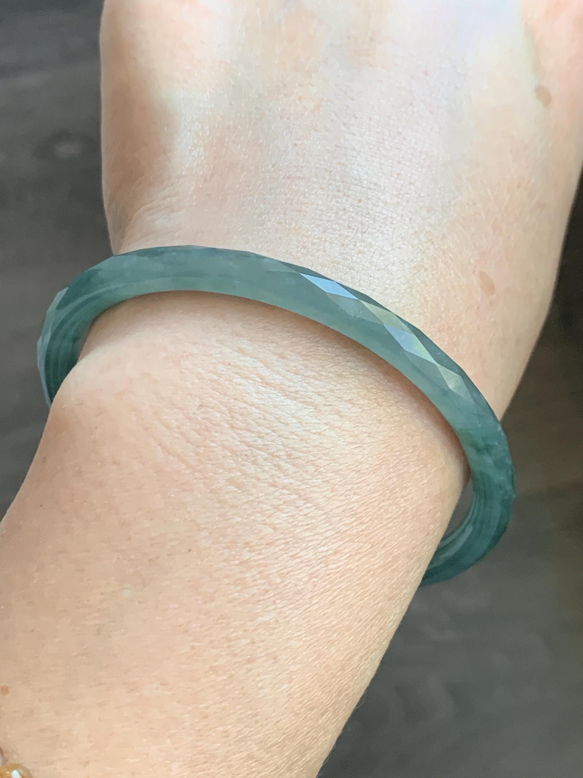 Certified Natural Grade A Guatemalan Icy Translucent Dusty Teal Jade Jadeite Diamond Faceted Slim Bangle 58mm 7.18” 16g 天然冰危蓝绿翡翠细圆条切割面手镯 923