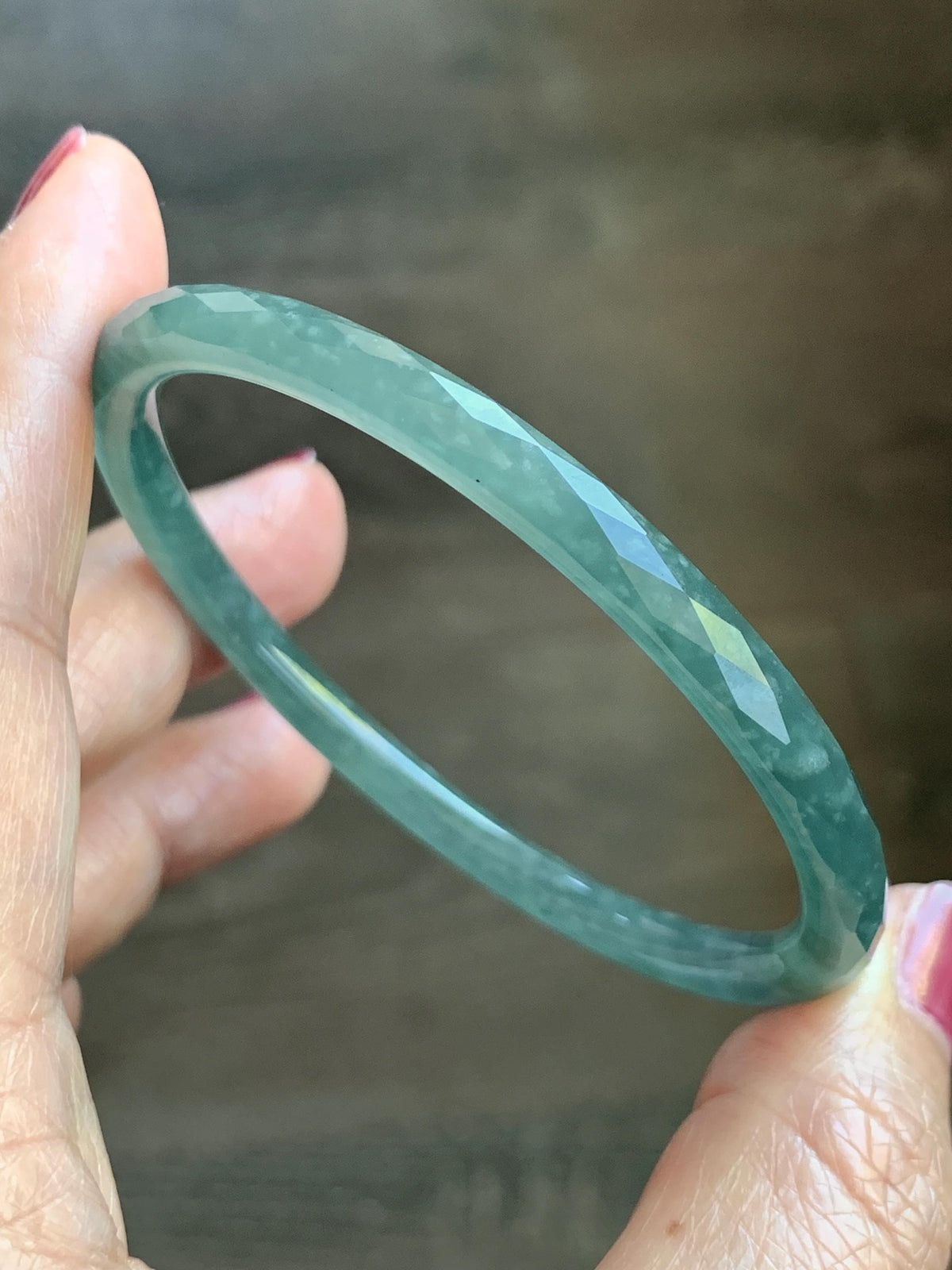 Certified Natural Grade A Guatemalan Icy Translucent Dusty Teal Jade Jadeite Diamond Faceted Slim Bangle 58mm 7.18” 16g 天然冰危蓝绿翡翠细圆条切割面手镯 923
