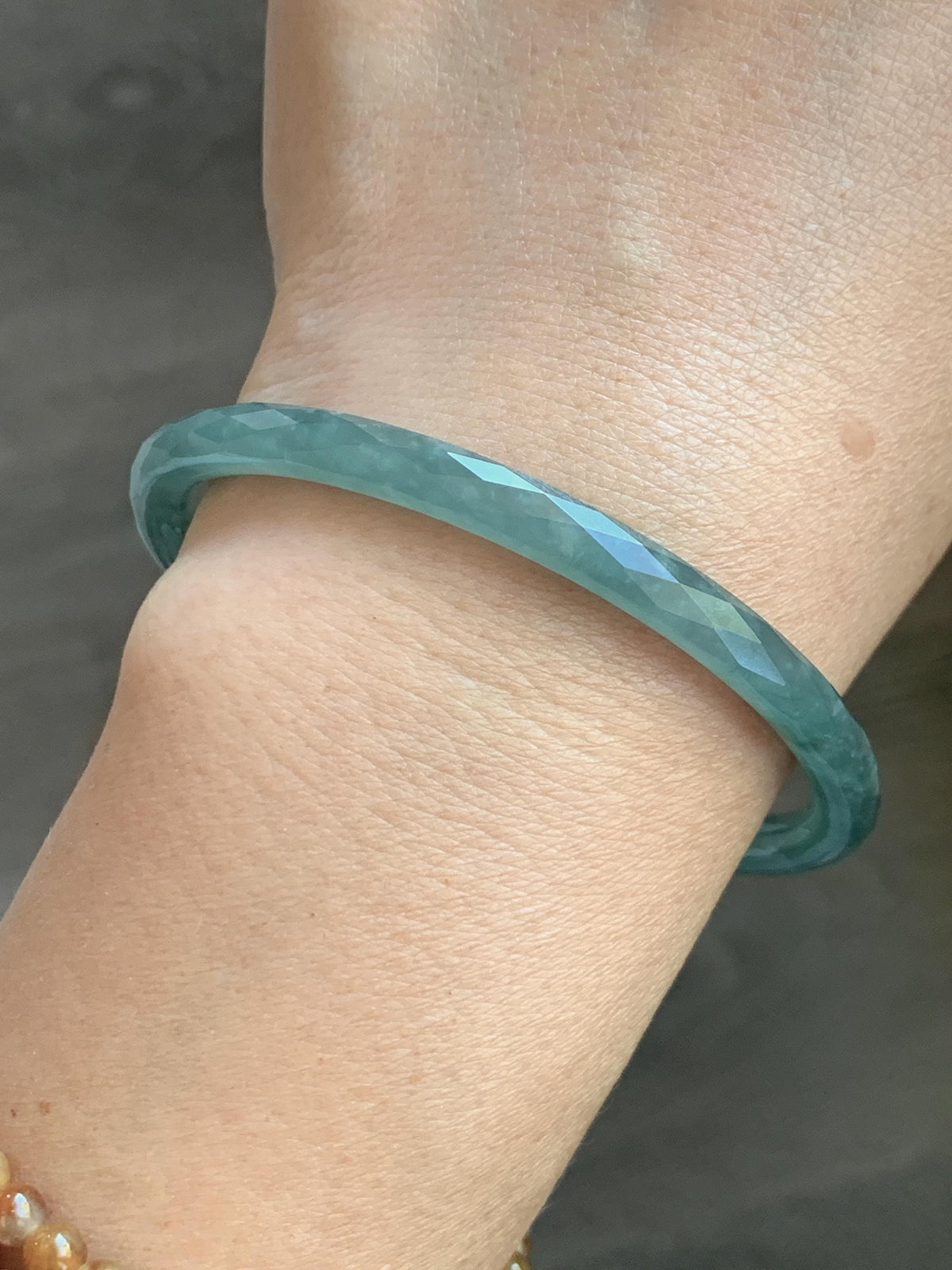 Certified Natural Grade A Guatemalan Icy Translucent Dusty Teal Jade Jadeite Diamond Faceted Slim Bangle 58mm 7.18” 16g 天然冰危蓝绿翡翠细圆条切割面手镯 923