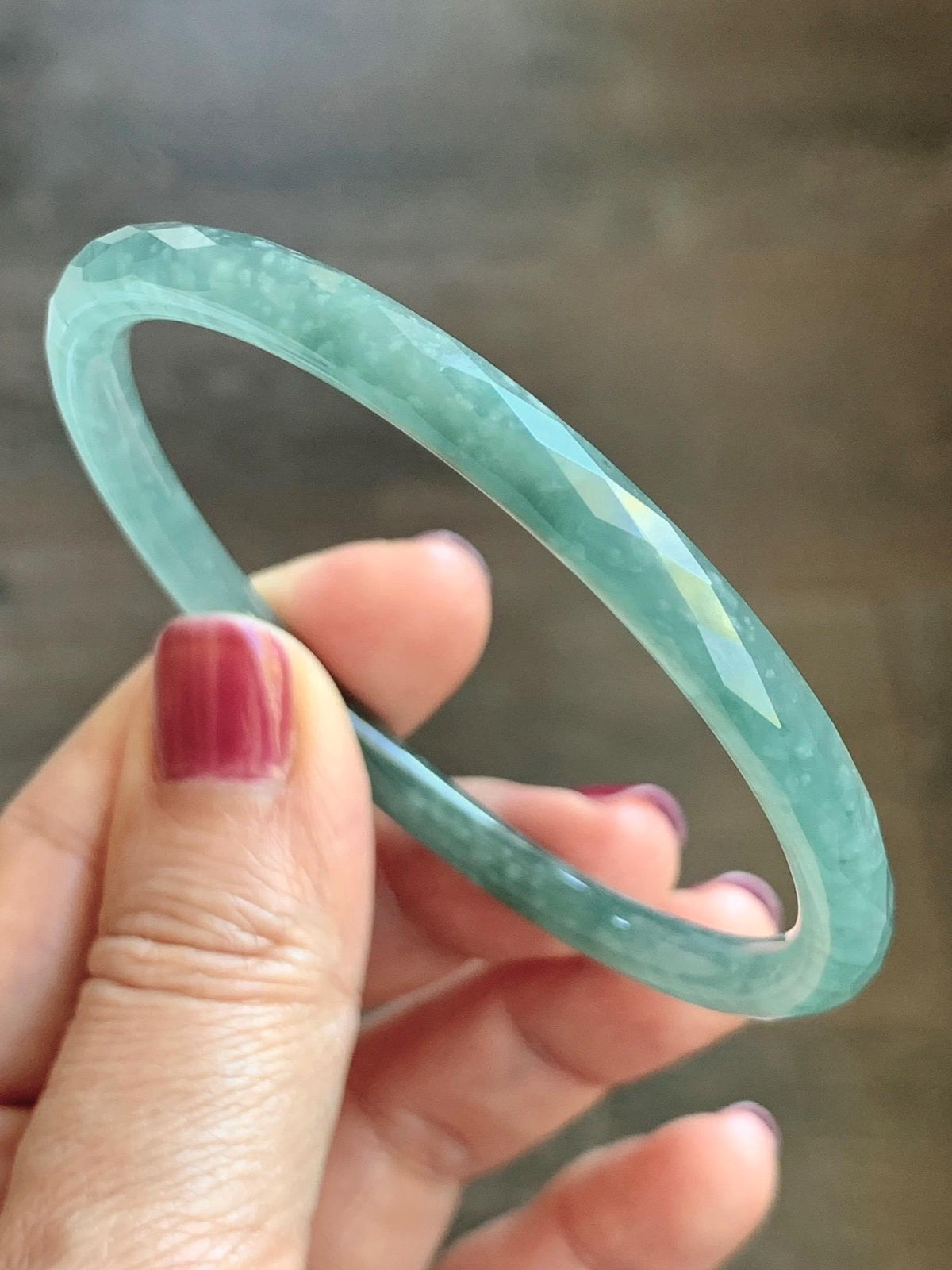 Certified Natural Grade A Guatemalan Icy Translucent Dusty Teal Jade Jadeite Diamond Faceted Slim Bangle 58mm 7.19” 16g 天然冰危蓝绿翡翠细圆条切割面手镯 924