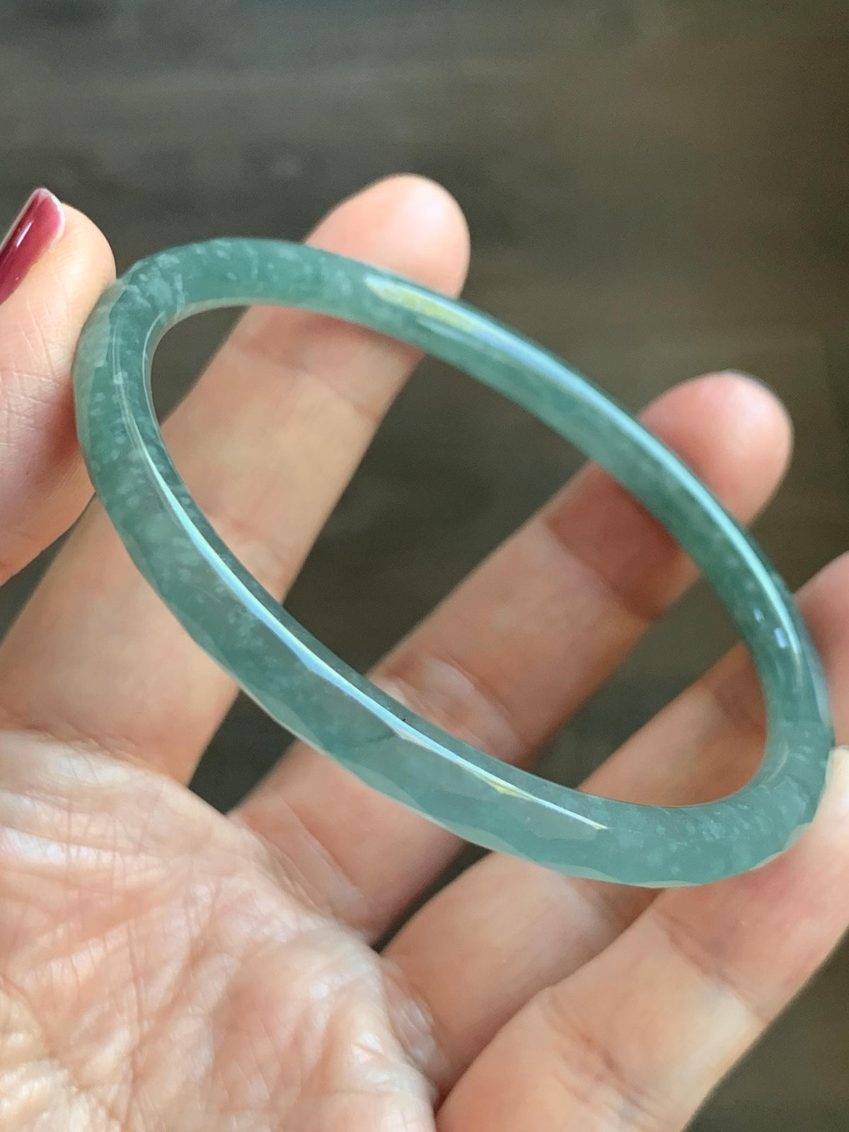 Certified Natural Grade A Guatemalan Icy Translucent Dusty Teal Jade Jadeite Diamond Faceted Slim Bangle 58mm 7.19” 16g 天然冰危蓝绿翡翠细圆条切割面手镯 924