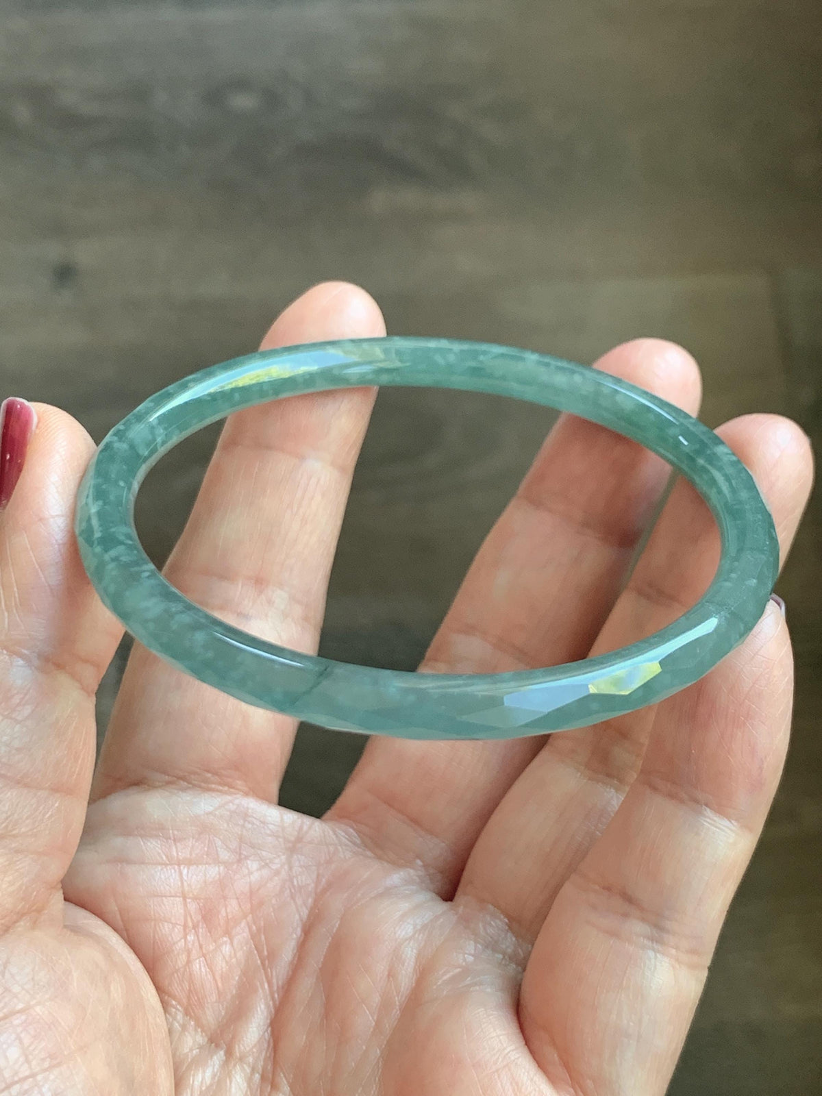 Certified Natural Grade A Guatemalan Icy Translucent Dusty Teal Jade Jadeite Diamond Faceted Slim Bangle 58mm 7.19” 16g 天然冰危蓝绿翡翠细圆条切割面手镯 924
