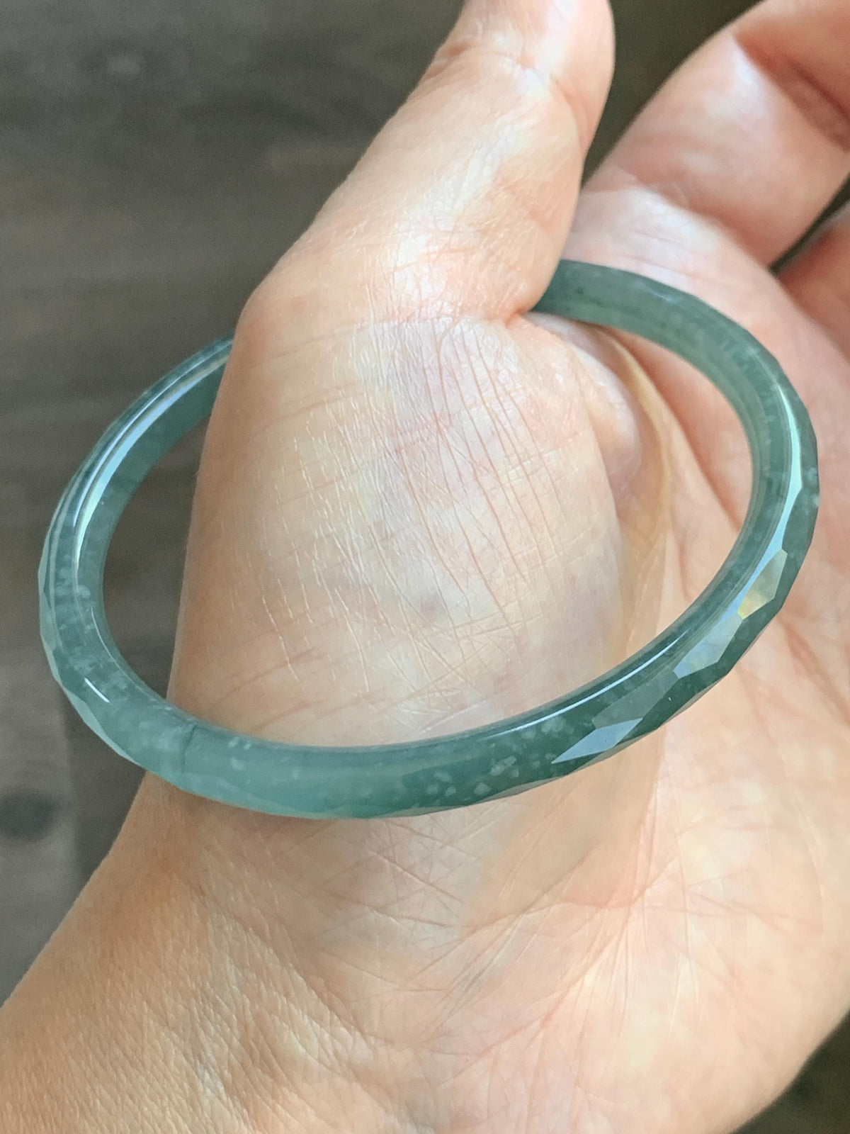 Certified Natural Grade A Guatemalan Icy Translucent Dusty Teal Jade Jadeite Diamond Faceted Slim Bangle 58mm 7.19” 16g 天然冰危蓝绿翡翠细圆条切割面手镯 924