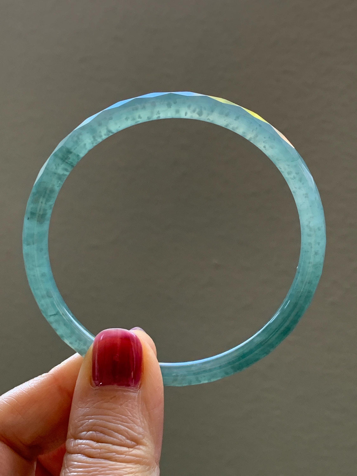 Certified Natural Grade A Guatemalan Icy Translucent Dusty Teal Jade Jadeite Diamond Faceted Slim Bangle 58mm 7.19” 16g 天然冰危蓝绿翡翠细圆条切割面手镯 924