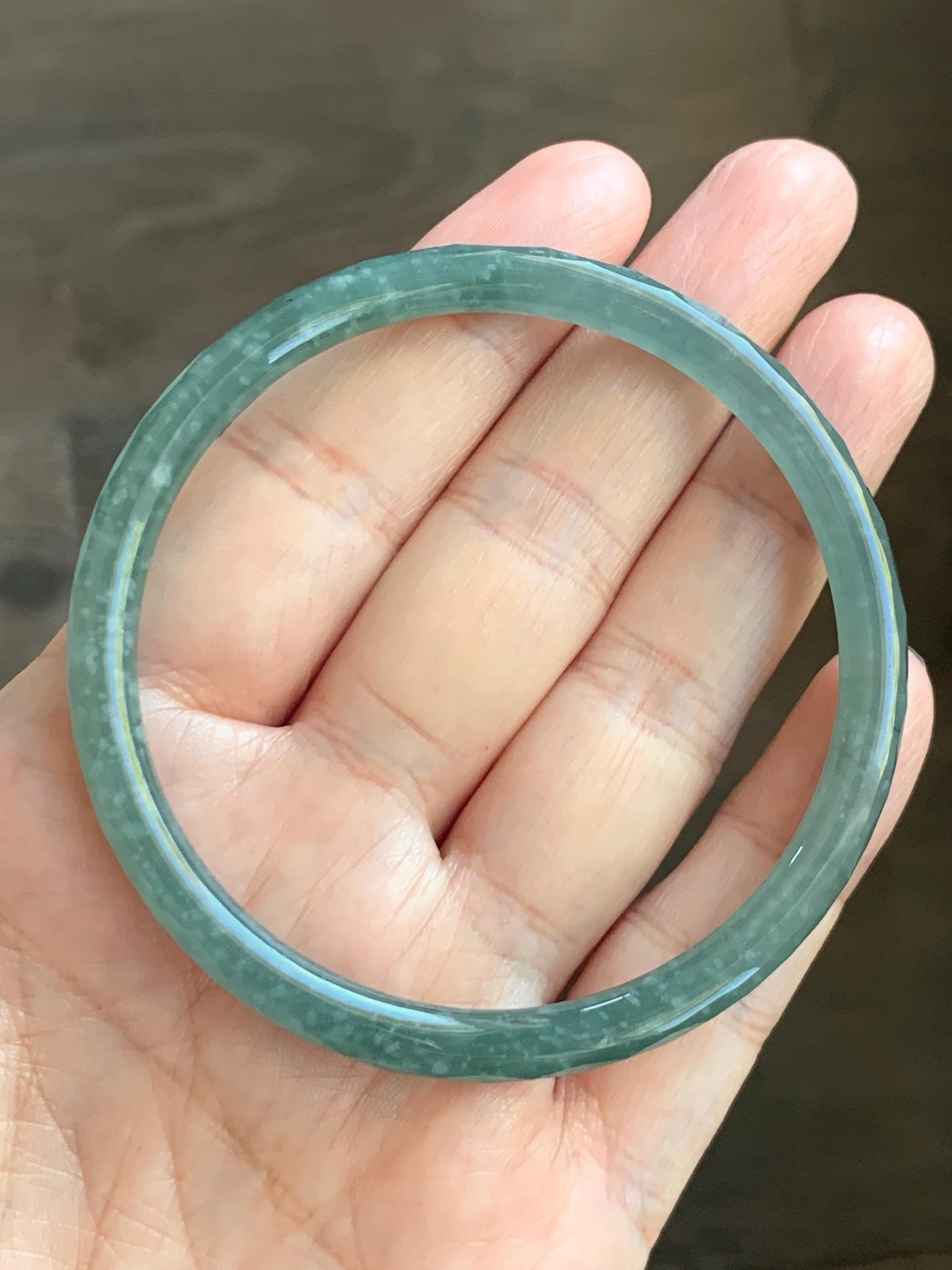 Certified Natural Grade A Guatemalan Icy Translucent Dusty Teal Jade Jadeite Diamond Faceted Slim Bangle 58mm 7.19” 16g 天然冰危蓝绿翡翠细圆条切割面手镯 924