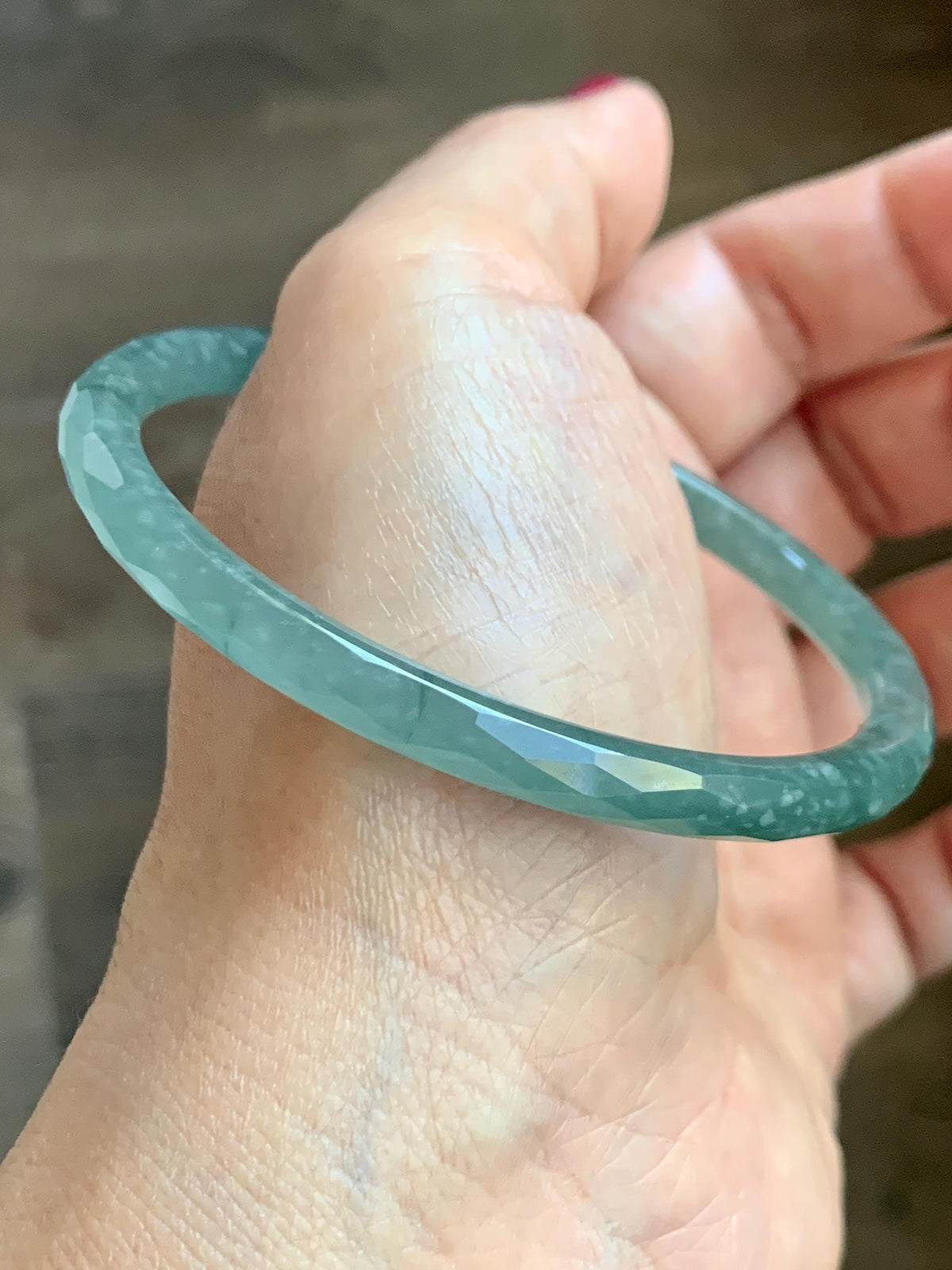 Certified Natural Grade A Guatemalan Icy Translucent Dusty Teal Jade Jadeite Diamond Faceted Slim Bangle 58mm 7.19” 16g 天然冰危蓝绿翡翠细圆条切割面手镯 924