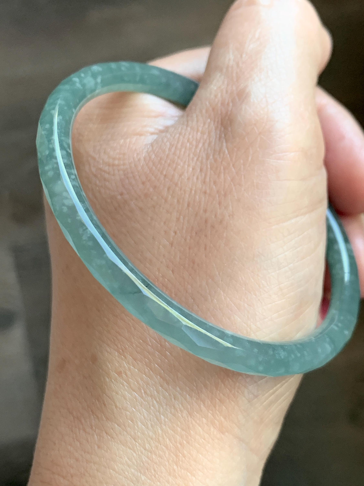 Certified Natural Grade A Guatemalan Icy Translucent Dusty Teal Jade Jadeite Diamond Faceted Slim Bangle 58mm 7.19” 16g 天然冰危蓝绿翡翠细圆条切割面手镯 924
