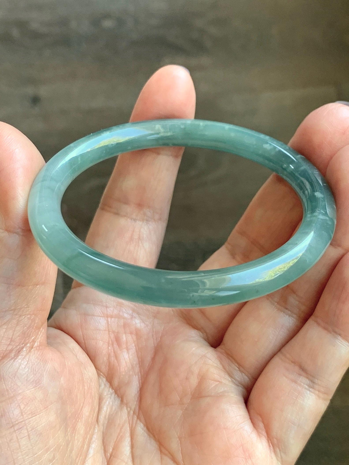 Certified Natural Grade A Guatemalan Icy Translucent Dusty Teal Green Jade Jadeite Bangle Bracelet 54.4mm 6.73” 26g 天然冰危蓝绿翡翠圆条手镯 983