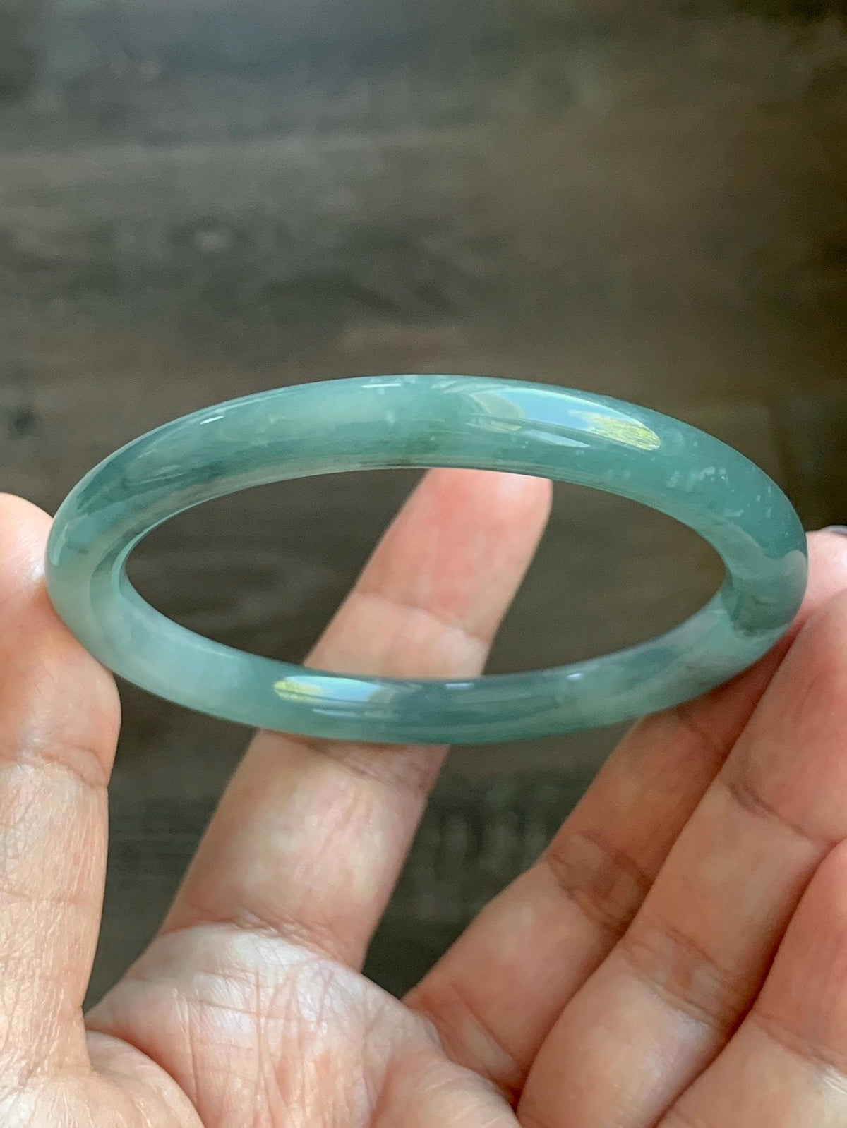 Certified Natural Grade A Guatemalan Icy Translucent Dusty Teal Green Jade Jadeite Bangle Bracelet 54.4mm 6.73” 26g 天然冰危蓝绿翡翠圆条手镯 983