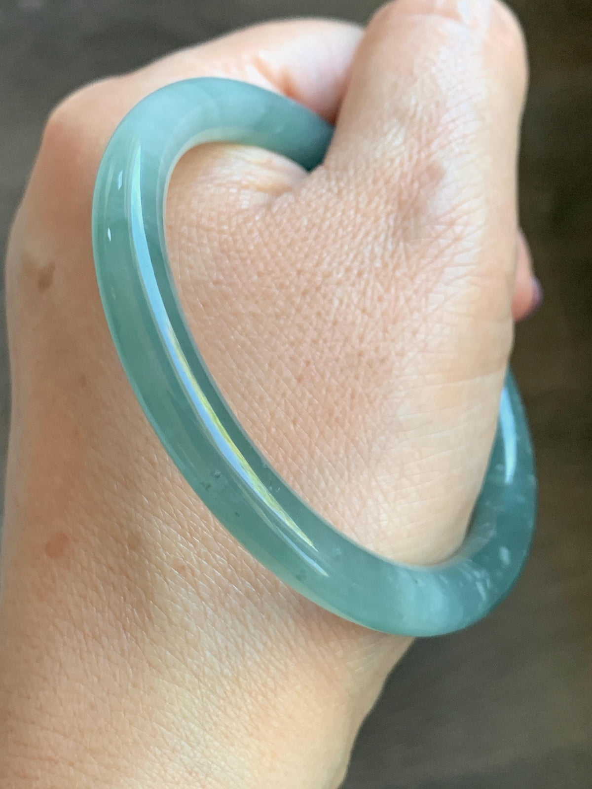 Certified Natural Grade A Guatemalan Icy Translucent Dusty Teal Green Jade Jadeite Bangle Bracelet 54.4mm 6.73” 26g 天然冰危蓝绿翡翠圆条手镯 983
