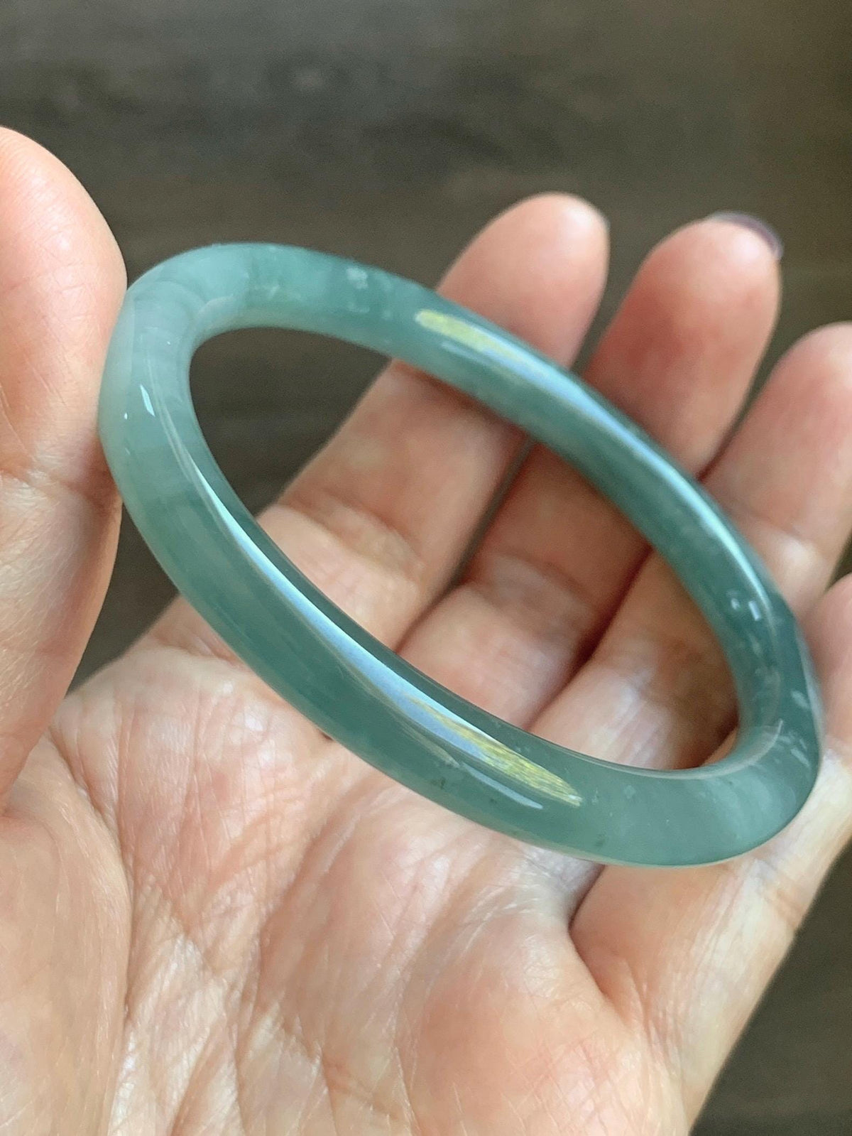 Certified Natural Grade A Guatemalan Icy Translucent Dusty Teal Green Jade Jadeite Bangle Bracelet 54.4mm 6.73” 26g 天然冰危蓝绿翡翠圆条手镯 983
