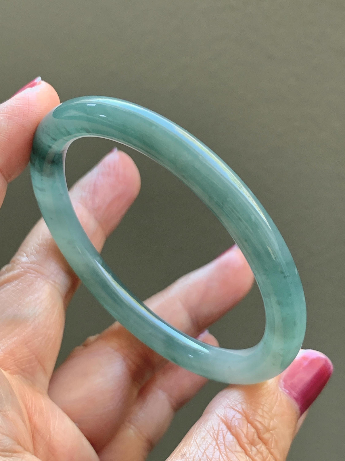 Certified Natural Grade A Guatemalan Icy Translucent Dusty Teal Green Jade Jadeite Bangle Bracelet 54.4mm 6.73” 26g 天然冰危蓝绿翡翠圆条手镯 983