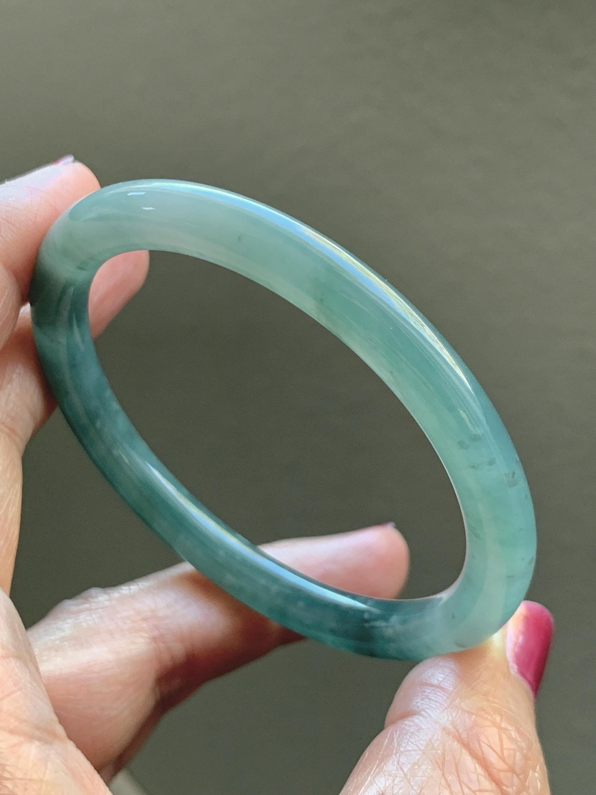 Certified Natural Grade A Guatemalan Icy Translucent Dusty Teal Green Jade Jadeite Bangle Bracelet 54.4mm 6.73” 26g 天然冰危蓝绿翡翠圆条手镯 983