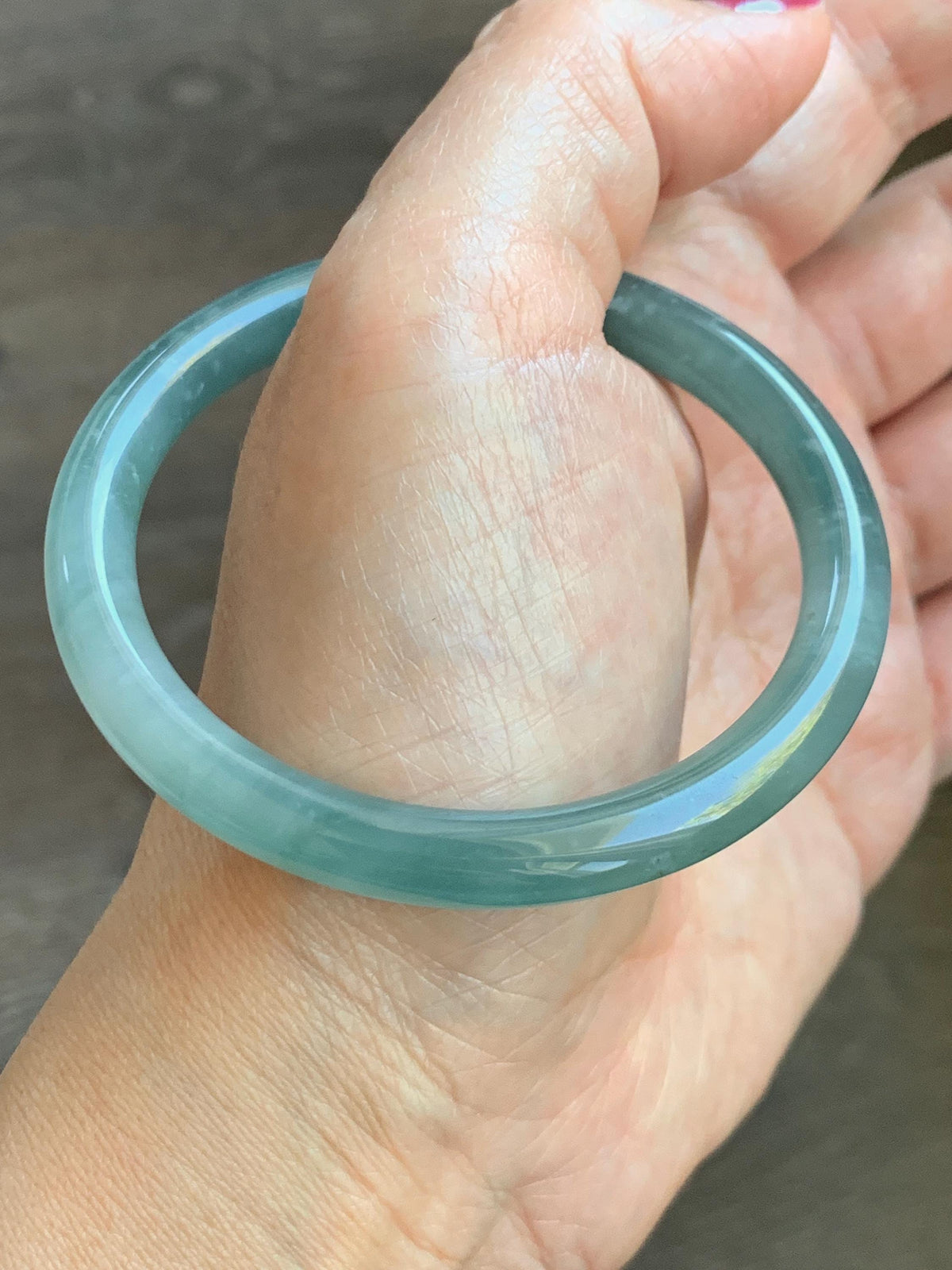 Certified Natural Grade A Guatemalan Icy Translucent Dusty Teal Green Jade Jadeite Bangle Bracelet 54.4mm 6.73” 26g 天然冰危蓝绿翡翠圆条手镯 983
