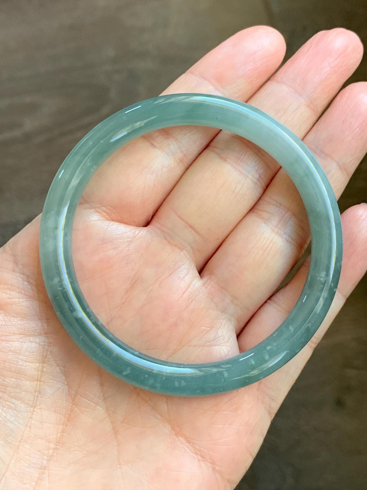 Certified Natural Grade A Guatemalan Icy Translucent Dusty Teal Green Jade Jadeite Bangle Bracelet 54.4mm 6.73” 26g 天然冰危蓝绿翡翠圆条手镯 983