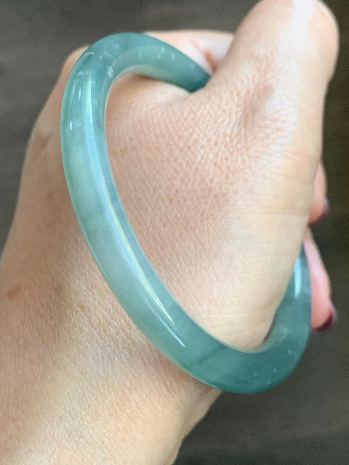 Certified Natural Grade A Guatemalan Icy Translucent Dusty Teal Green Jade Jadeite Bangle Bracelet 54.4mm 6.73” 26g 天然冰危蓝绿翡翠圆条手镯 983