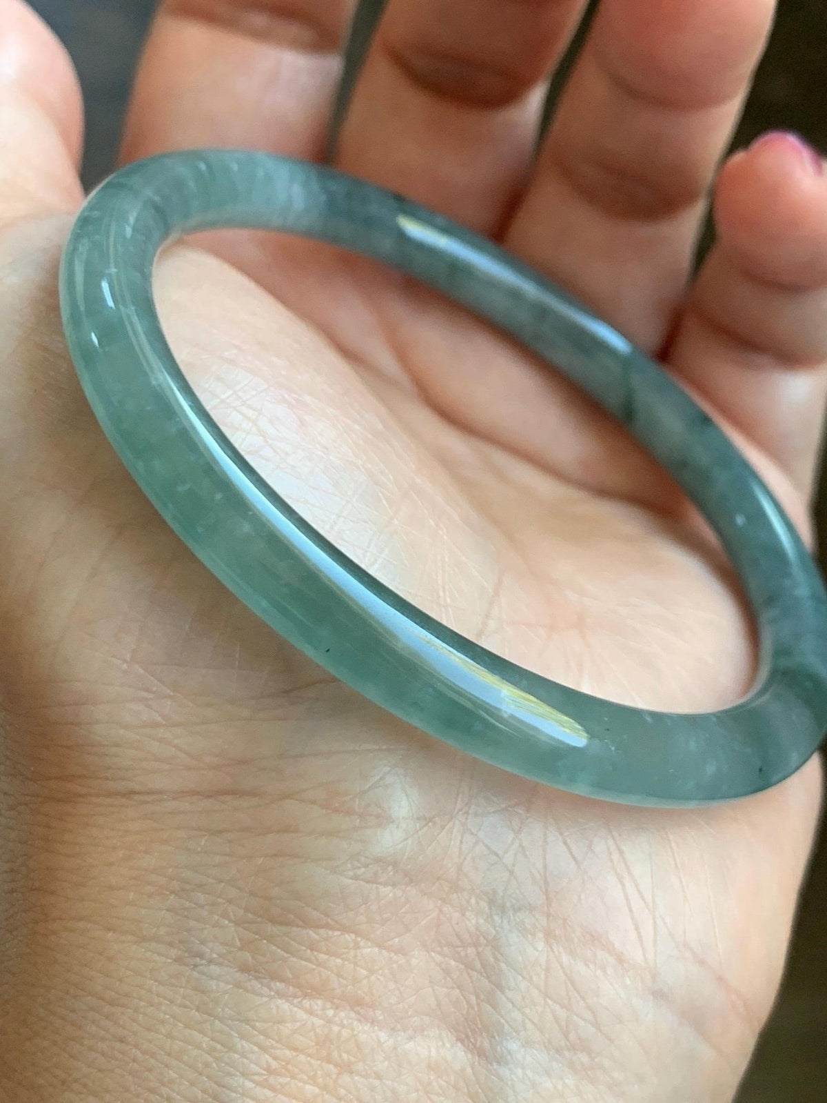 Certified Natural Grade A Guatemalan Icy Translucent Dusty Teal Green Jade Jadeite Bangle Bracelet 58.5mm 7.24” 25g 天然冰危蓝绿翡翠圆条手镯 982
