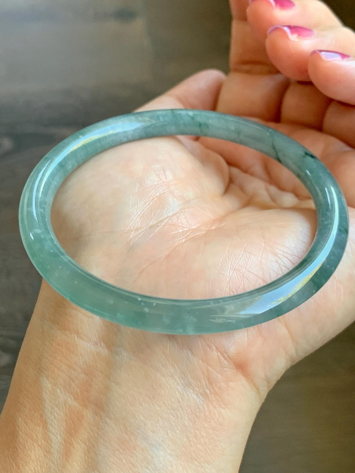 Certified Natural Grade A Guatemalan Icy Translucent Dusty Teal Green Jade Jadeite Bangle Bracelet 58.5mm 7.24” 25g 天然冰危蓝绿翡翠圆条手镯 982