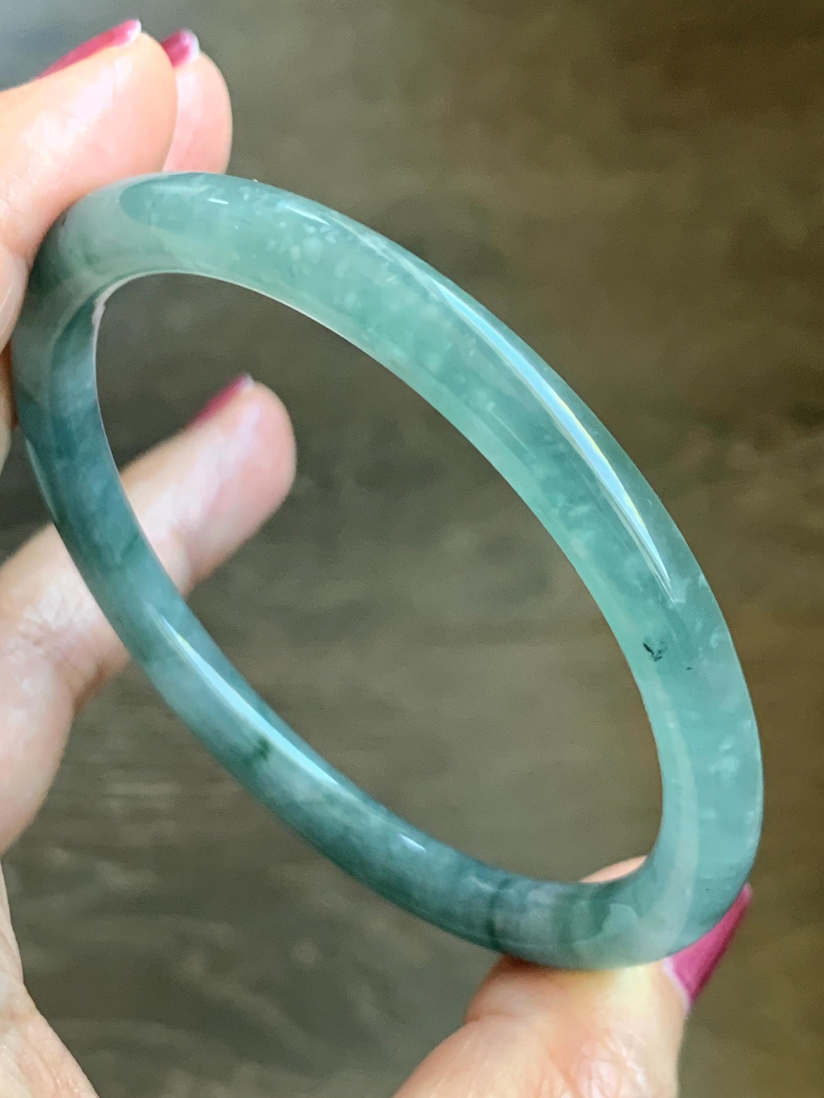 Certified Natural Grade A Guatemalan Icy Translucent Dusty Teal Green Jade Jadeite Bangle Bracelet 58.5mm 7.24” 25g 天然冰危蓝绿翡翠圆条手镯 982