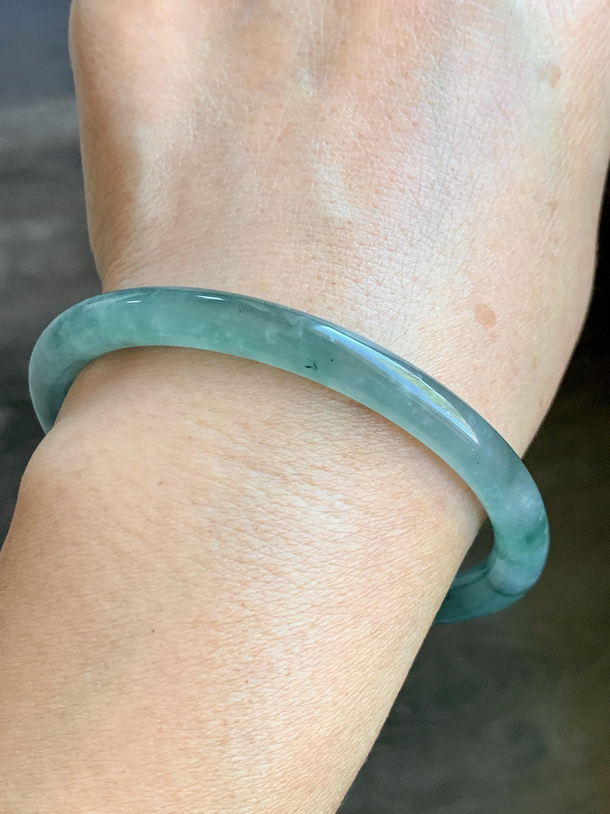 Certified Natural Grade A Guatemalan Icy Translucent Dusty Teal Green Jade Jadeite Bangle Bracelet 58.5mm 7.24” 25g 天然冰危蓝绿翡翠圆条手镯 982