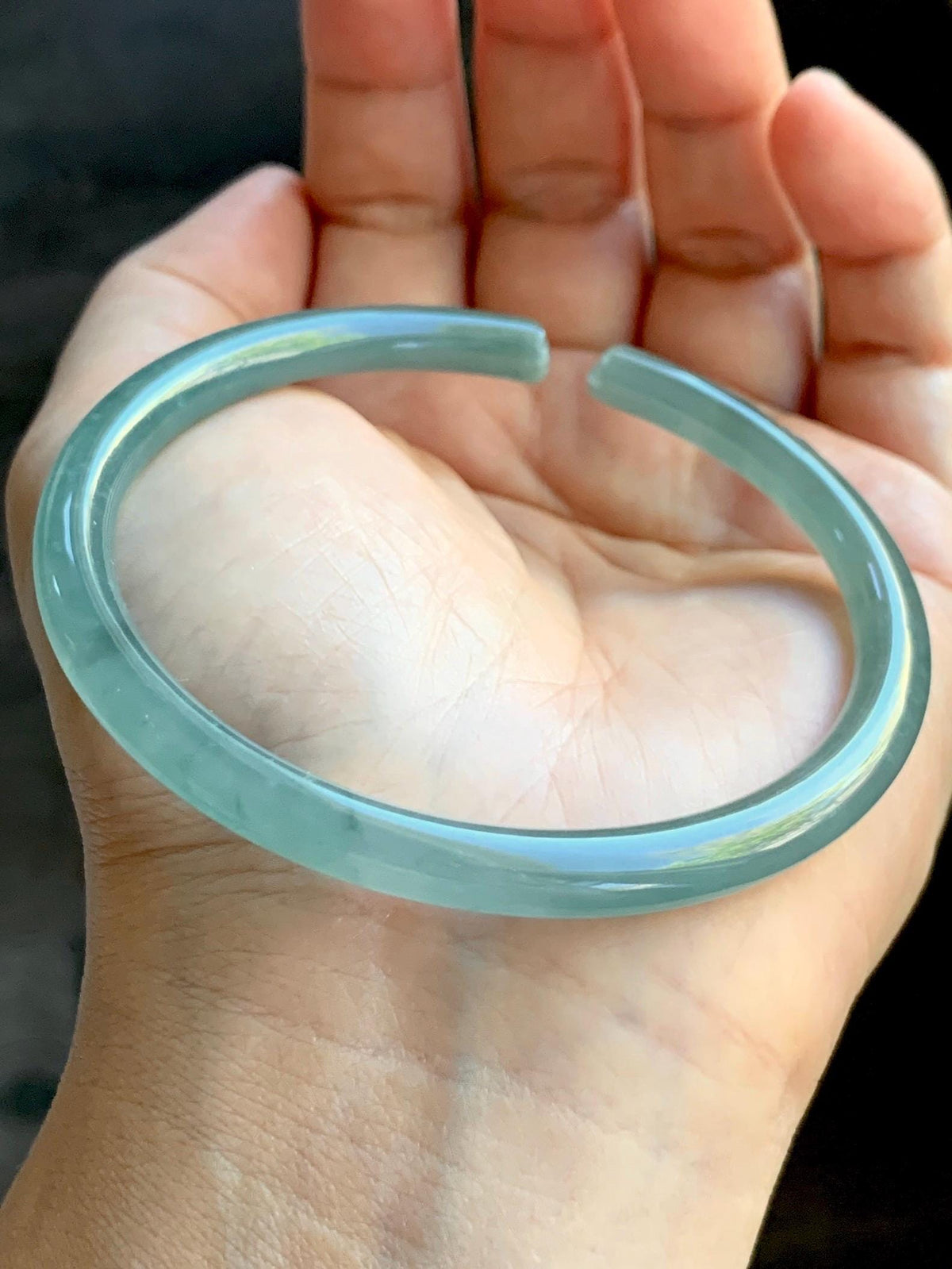 Certified Natural Grade A Guatemalan Icy Translucent Dusty Teal Jade Jadeite Carved Paw Print Open Bangle 61.04mm 7.55” 20g 天然冰危篮翡翠猫爪开口手镯955
