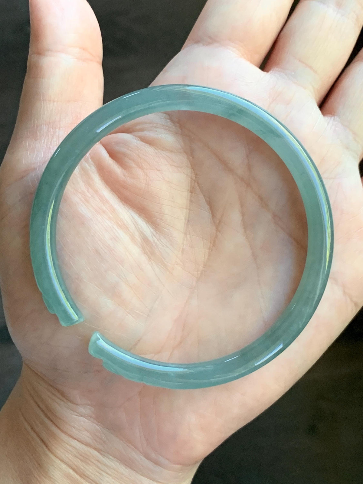Certified Natural Grade A Guatemalan Icy Translucent Dusty Teal Jade Jadeite Carved Paw Print Open Bangle 61.04mm 7.55” 20g 天然冰危篮翡翠猫爪开口手镯955